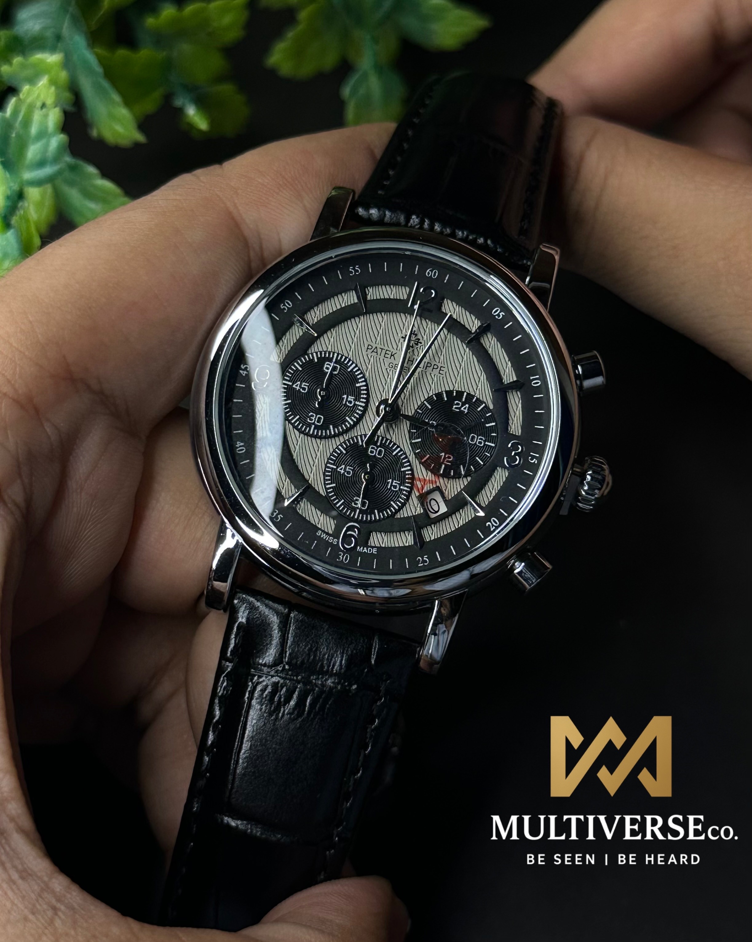 PATEK PHILIPPE TRI-COMPAX CHRONO BLACK LEATHER BLACK DIAL WATCH