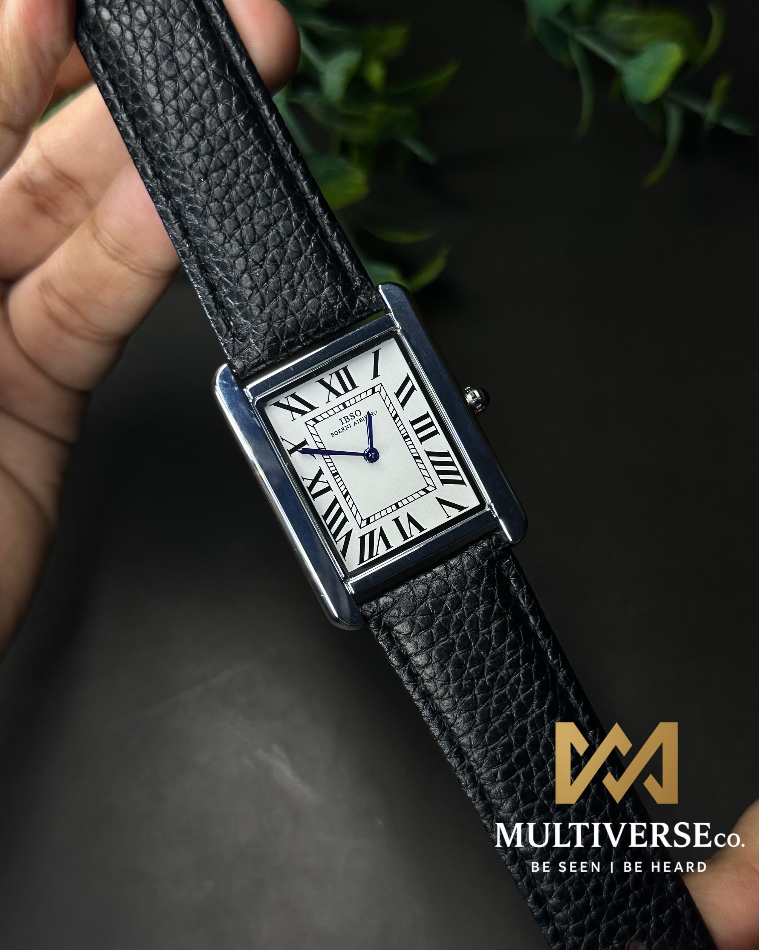 IBSO TANK ROMAN NUMERAL BLACK LEATHER WHITE DIAL WATCH_img_2