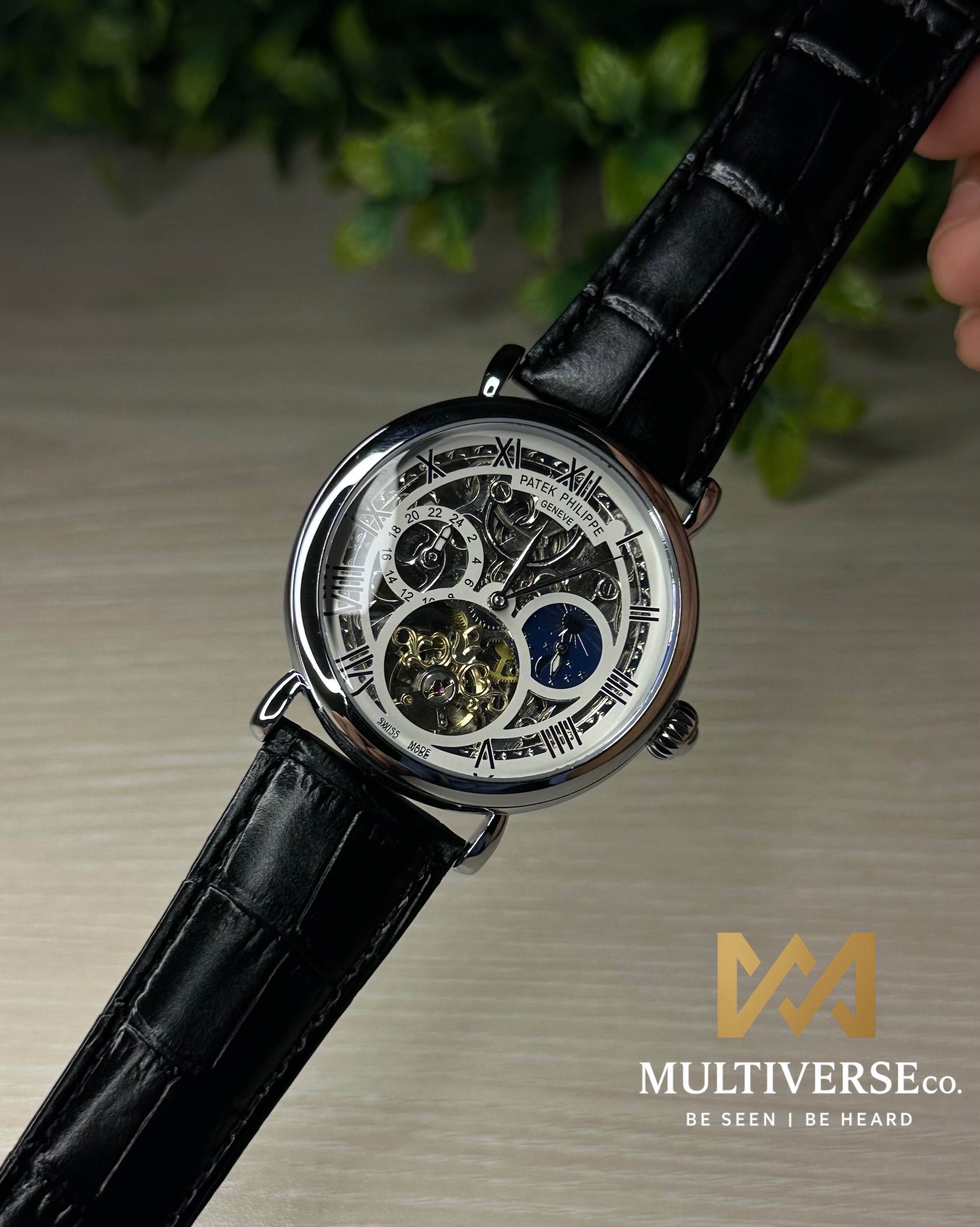 PATEK PHILIPPE SKELETON TOURBILLON BLACK LEATHER SILVER TONE WHITE DIAL WATCH_img_0