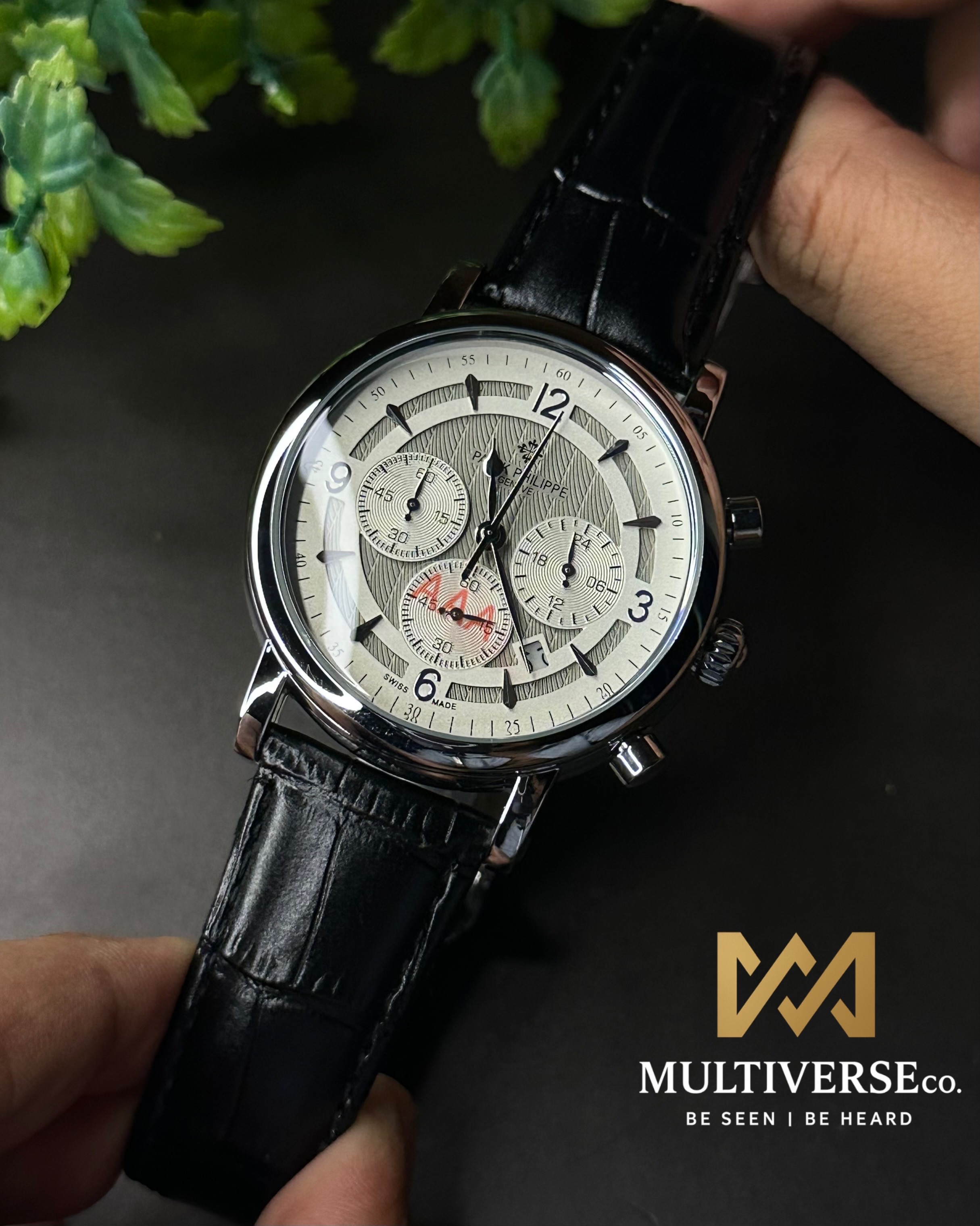 PATEK PHILIPPE TRI-COMPAX CHRONO BLACK LEATHER WHITE DIAL WATCH