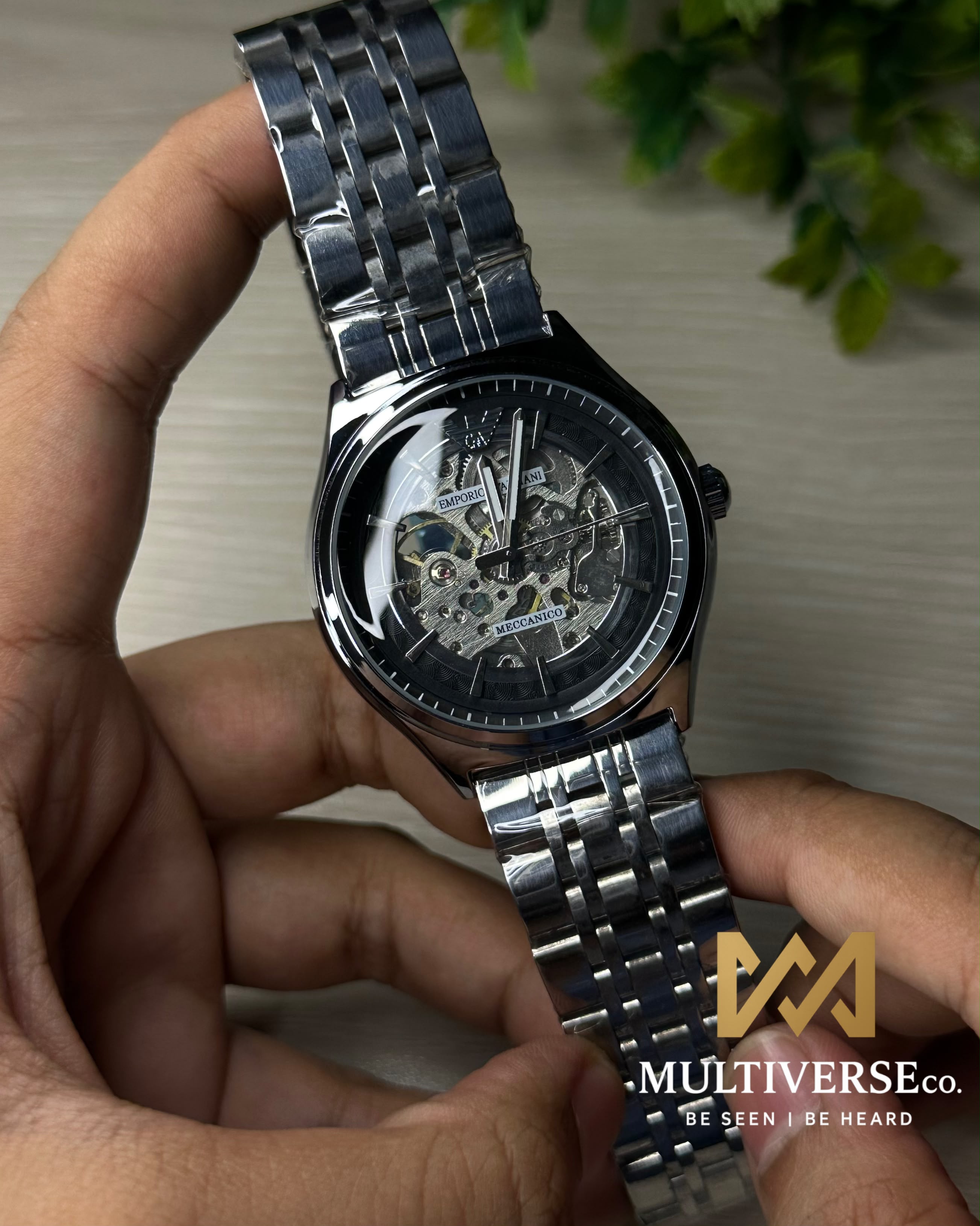 EMPORIO ARMANI SKELETON BLACK DIAL SILVER TONE WATCH_img_0