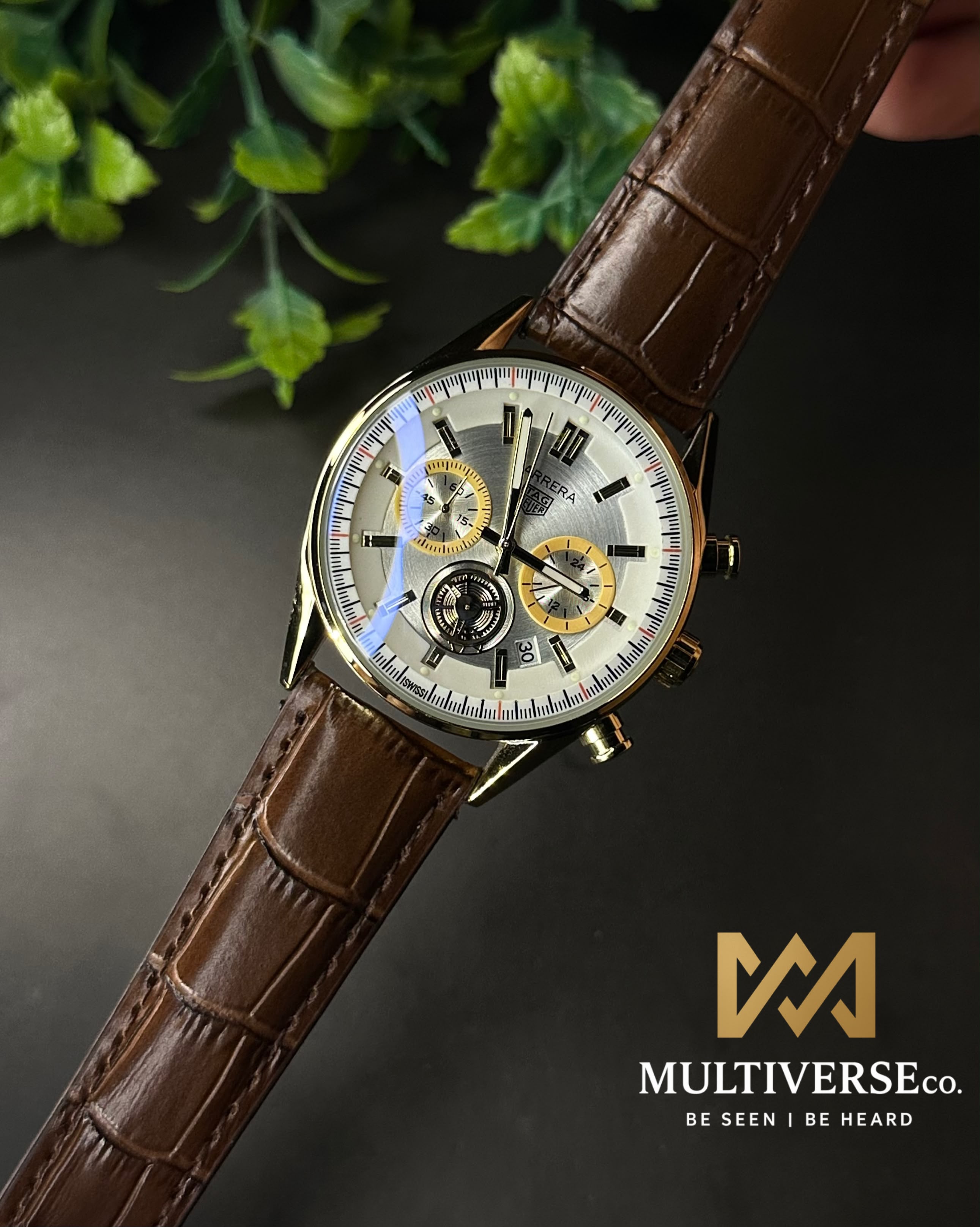 TAG HEUER CARRERA CHRONO BROWN LEATHER WHITE DIAL GOLD TONE WATCH_img_2