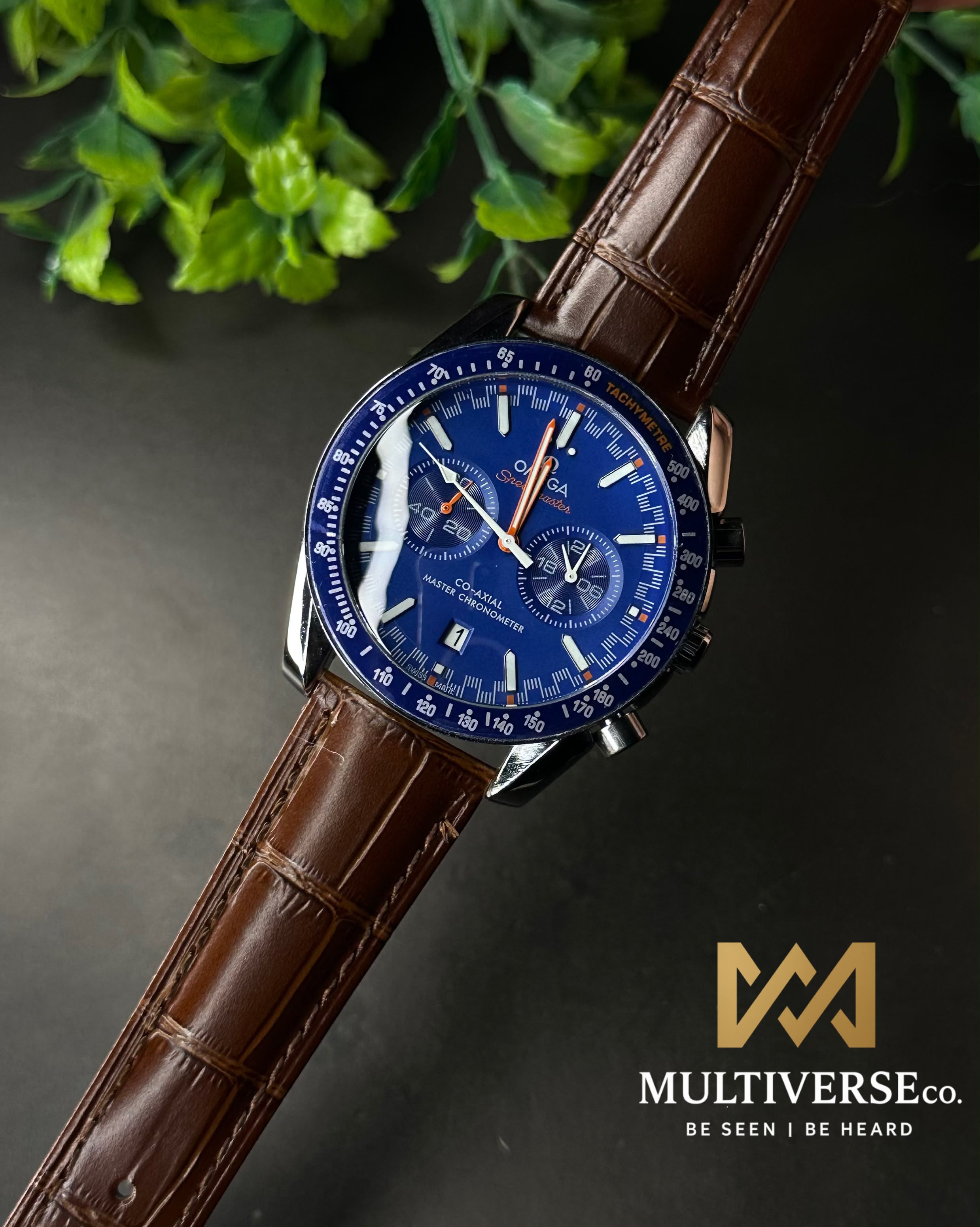 OMEGA SPEEDMASTER RACING CHRONO BROWN LEATHER BLUE DIAL WATCH_img_3