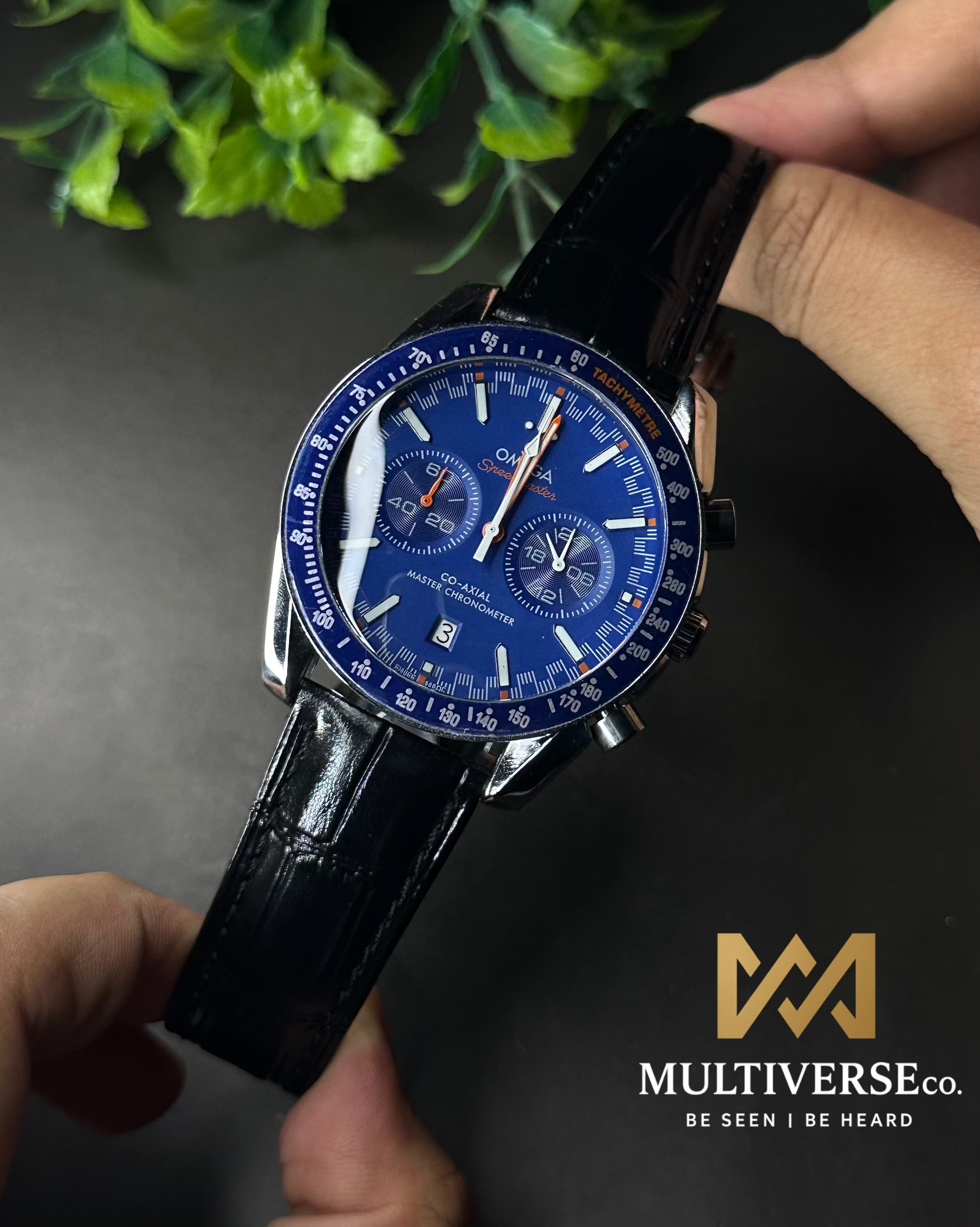 OMEGA SPEEDMASTER RACING CHRONO BLACK LEATHER BLUE DIAL WATCH_img_0