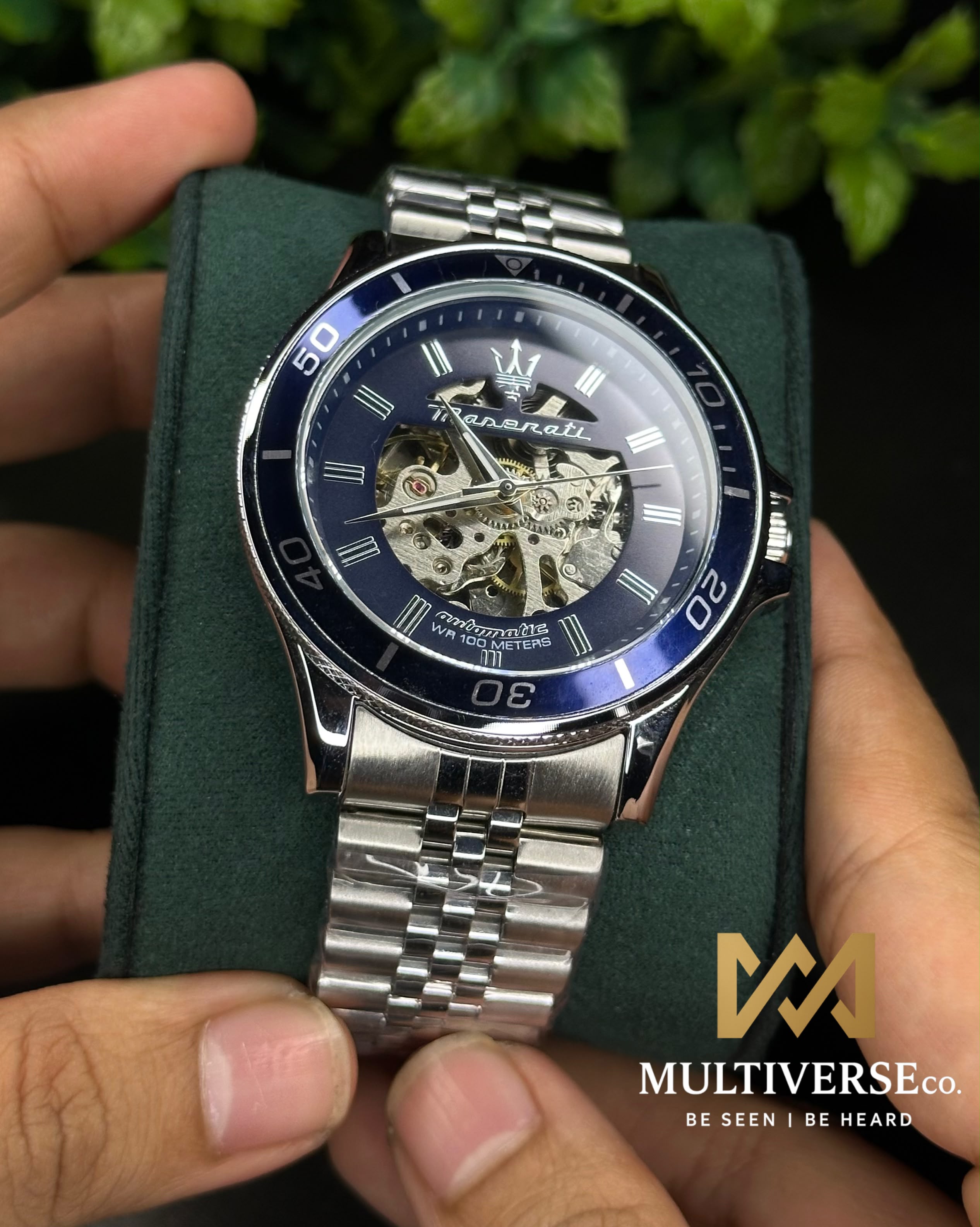 MASERATI BLUE SKELETON AUTOMATIC SILVER TONE WATCH