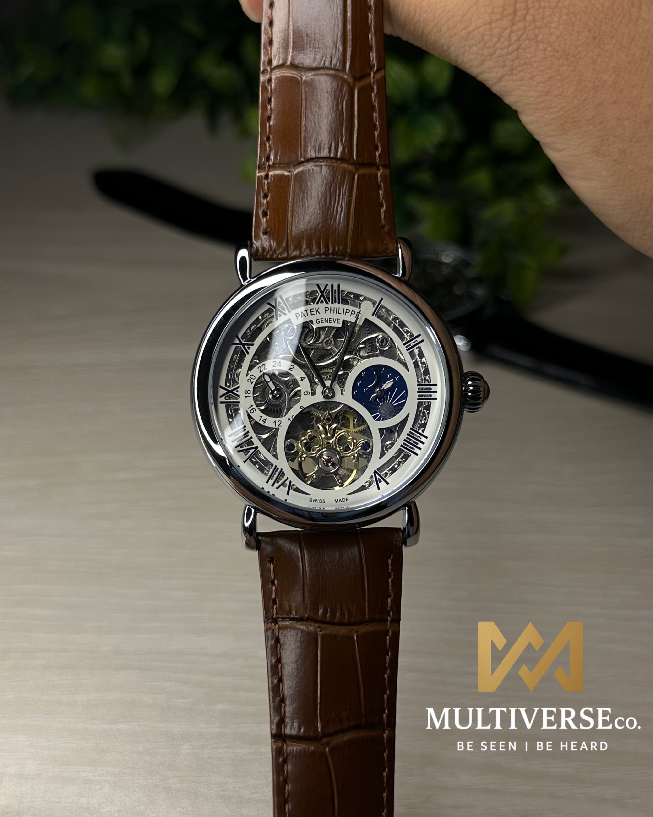 PATEK PHILIPPE SKELETON TOURBILLON BROWN LEATHER SILVER TONE WHITE DIAL WATCH_img_6