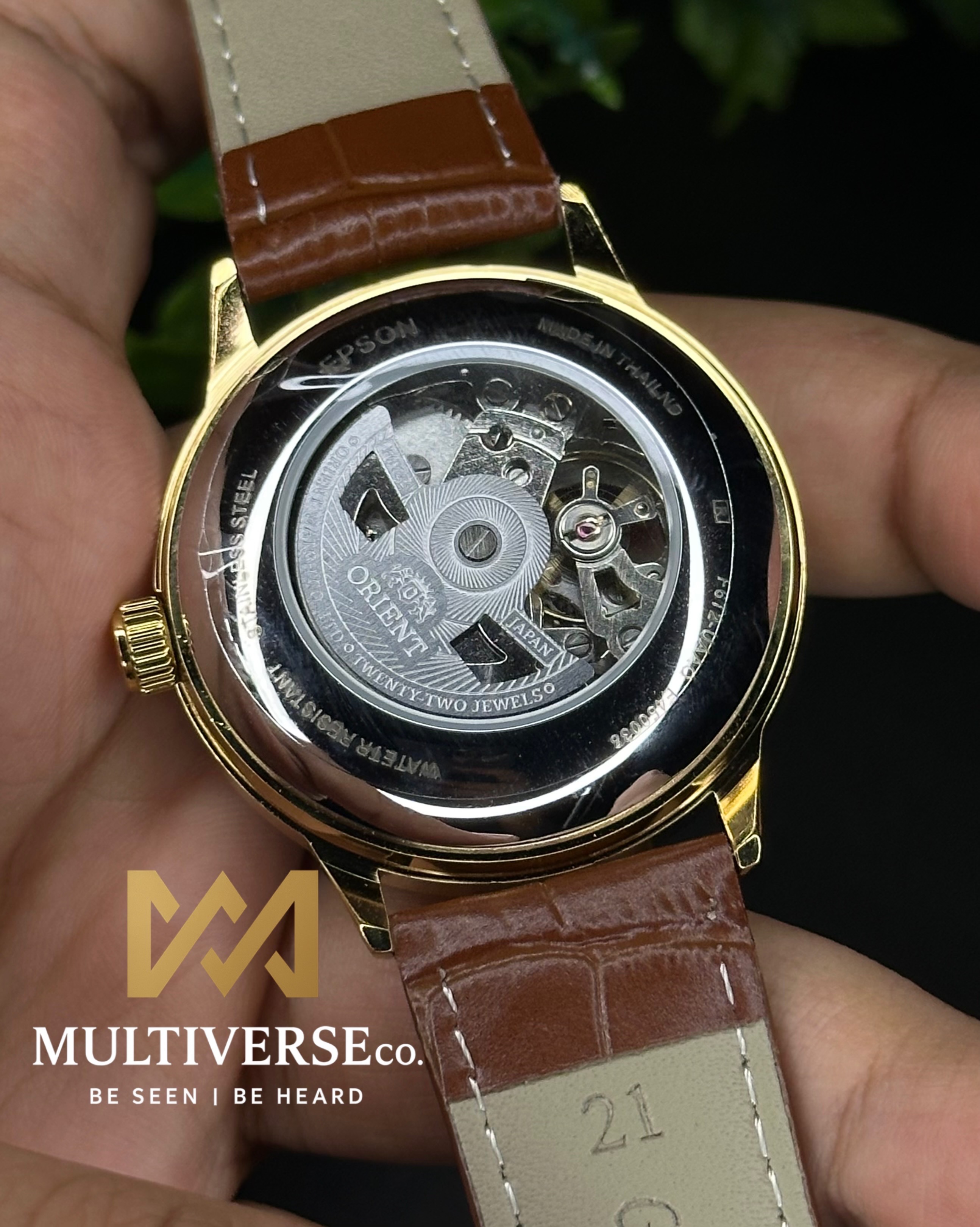 ORIENT BAMBINO OPEN HEART SILVER DIAL GOLDEN CASE AUTOMATIC BROWN LEATHER BELT (SEMI AAA)_img_2
