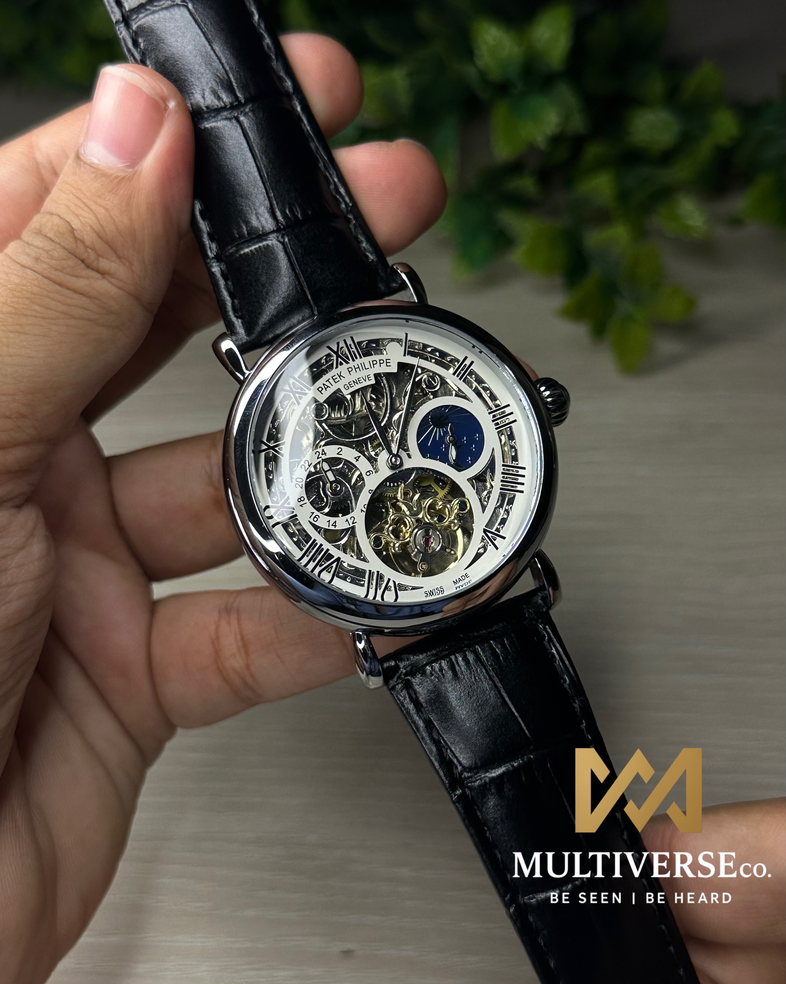 PATEK PHILIPPE SKELETON TOURBILLON BLACK LEATHER SILVER TONE WHITE DIAL WATCH_img_1