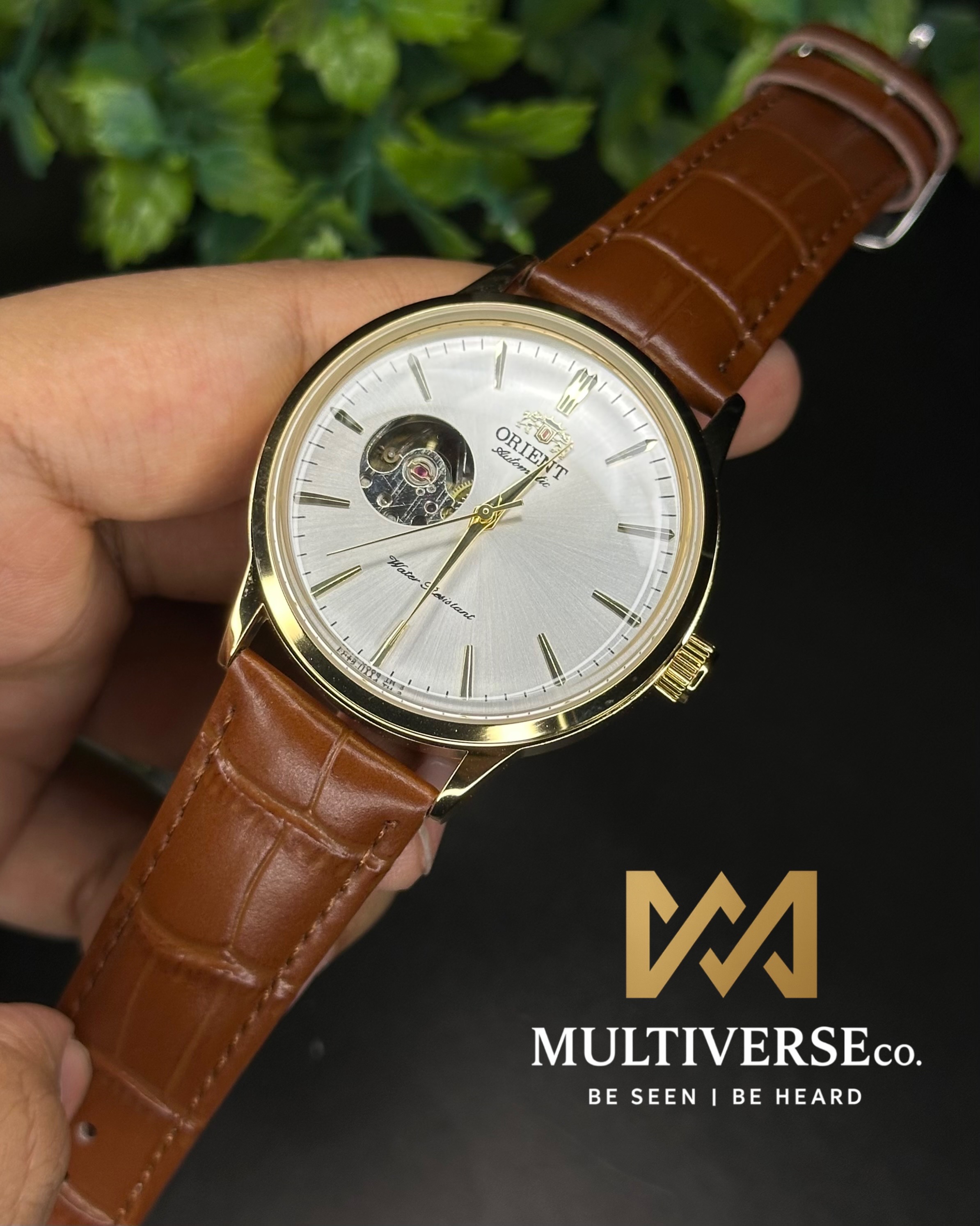 ORIENT BAMBINO OPEN HEART SILVER DIAL GOLDEN CASE AUTOMATIC BROWN LEATHER BELT (SEMI AAA)_img_0