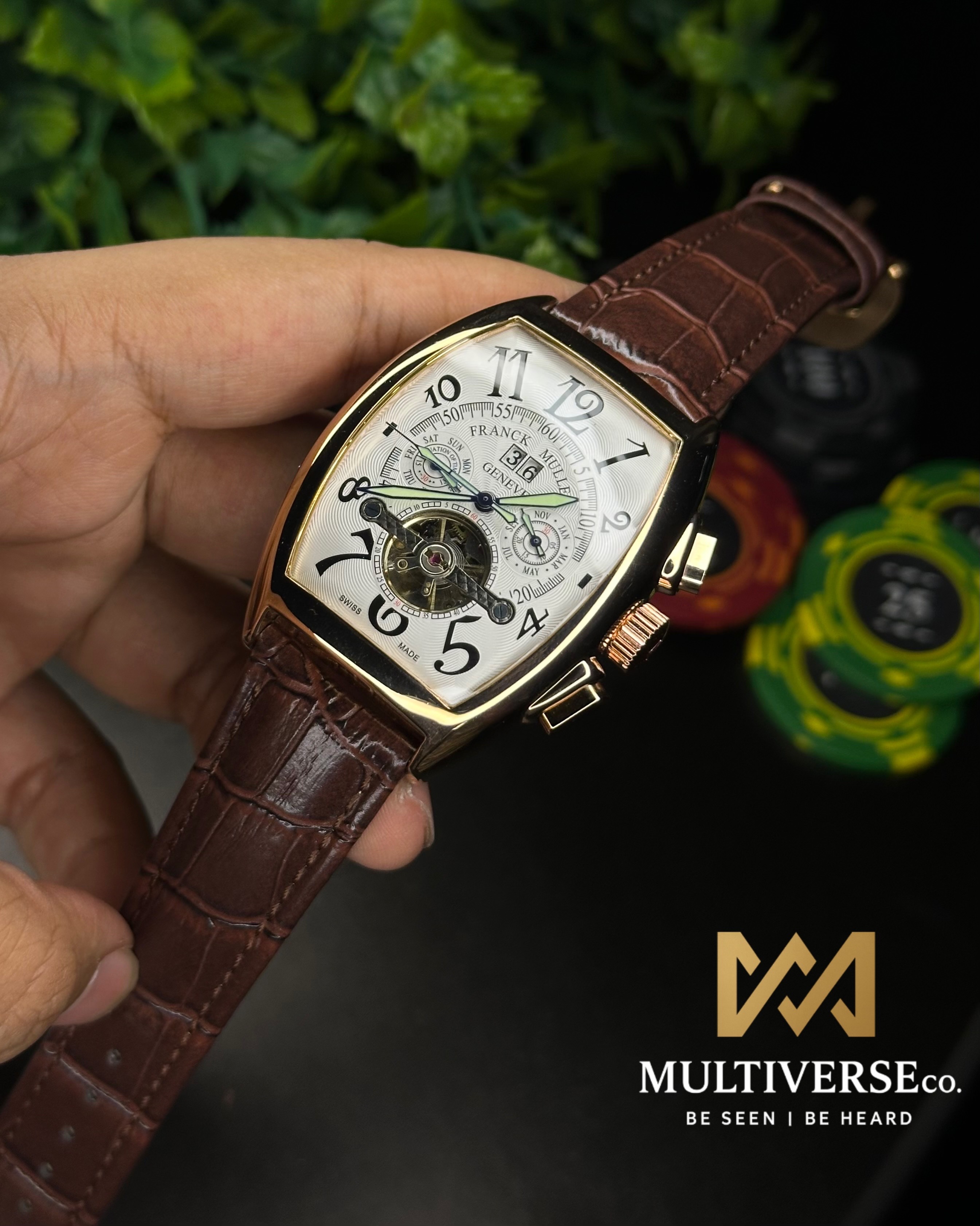 FRANCK MULLER | HIGH END AUTOMATIC | BROWN BELT WHITE DIAL GOLD CASE | (SEMI AAA)