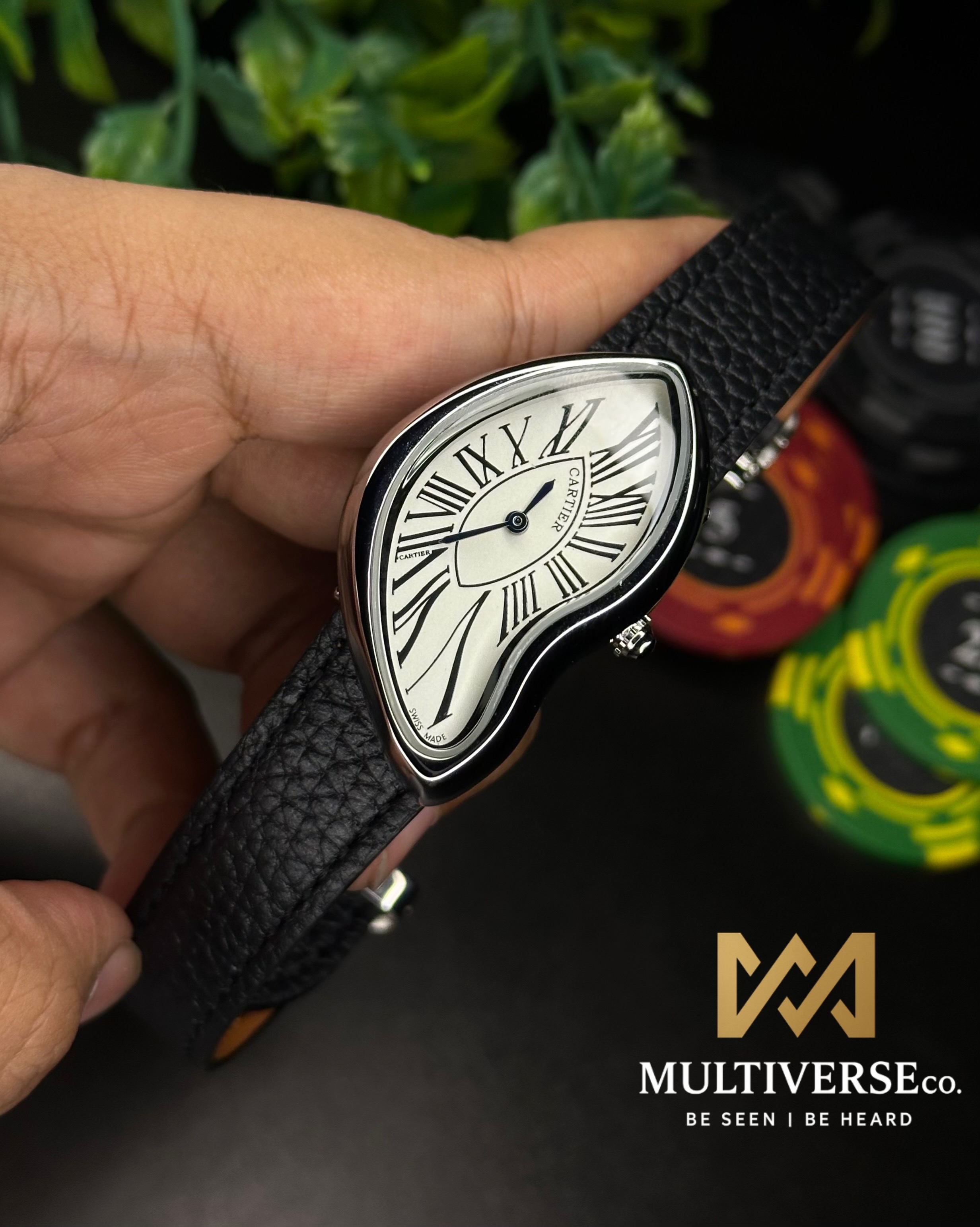 CARTIER CRASH DESIGN | BLACK BELT SELVER CASE WHITE DIAL | (AA)