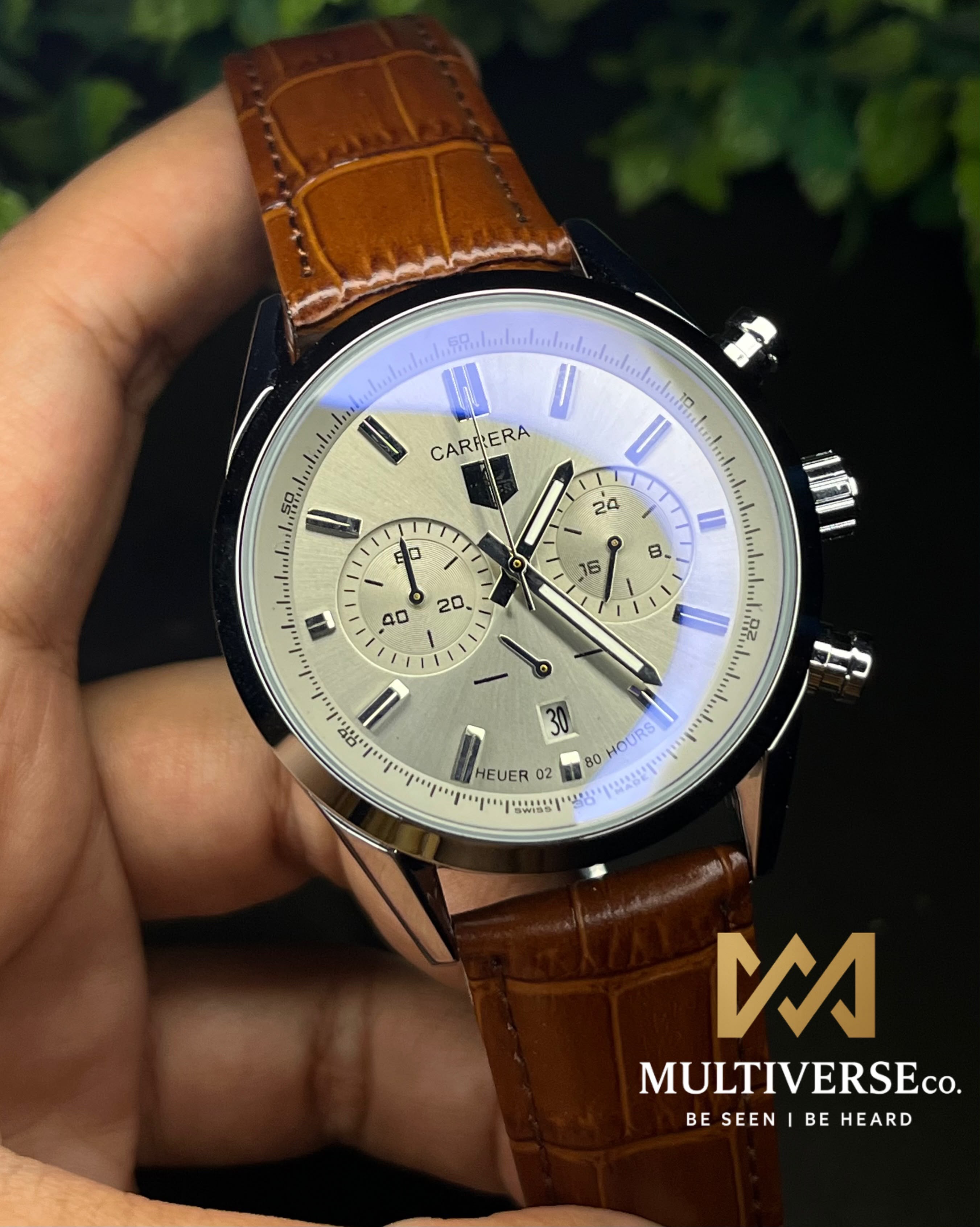 TAG HEUER CARRERA 2 CHRONO BI-COMPAX BROWN BELT SILVER CASE GREY DIAL WATCH_img_2
