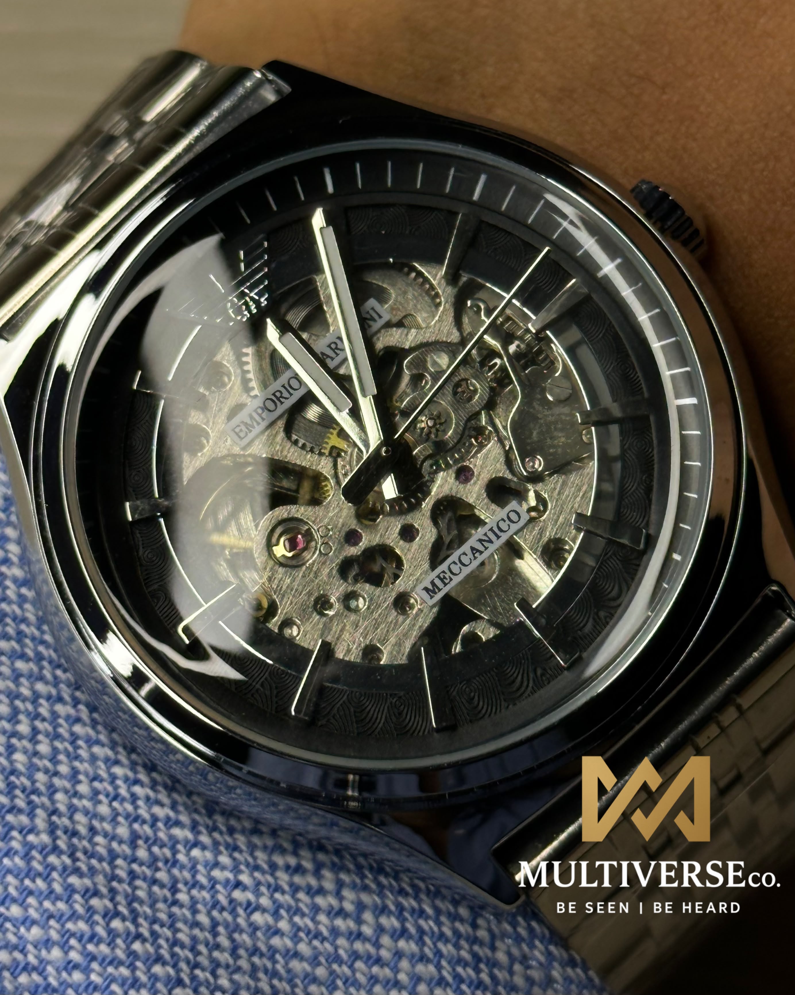 EMPORIO ARMANI SKELETON BLACK DIAL SILVER TONE WATCH_img_5