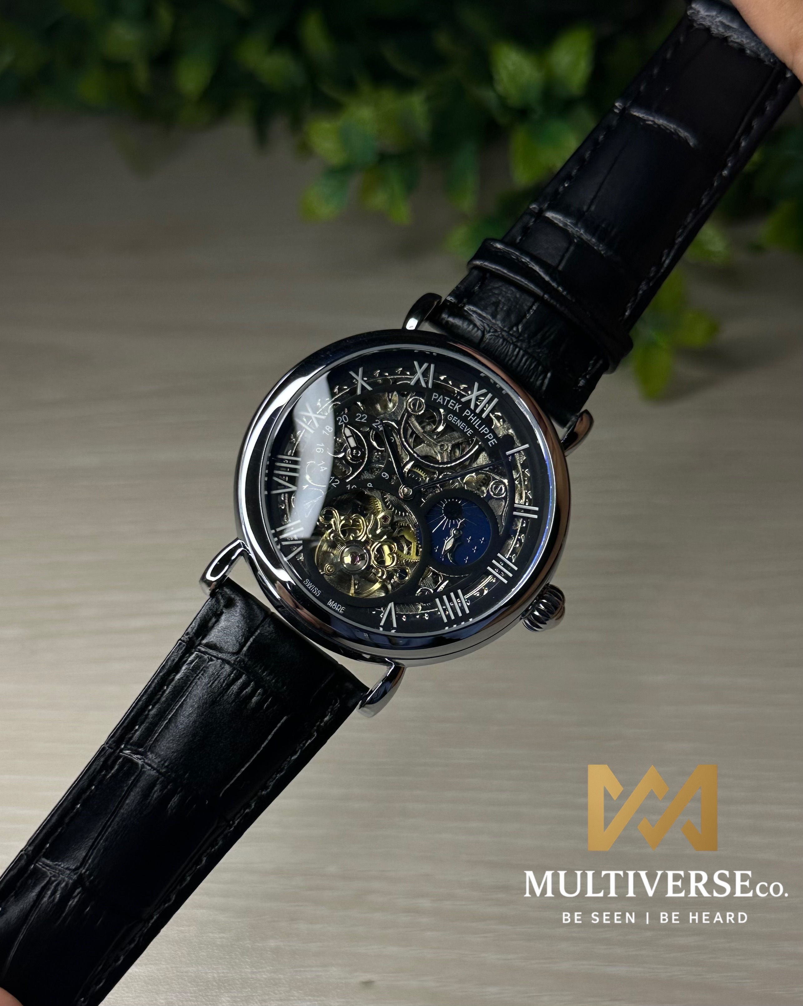 PATEK PHILIPPE SKELETON TOURBILLON BLACK LEATHER SILVER TONE BLACK DIAL WATCH_img_0