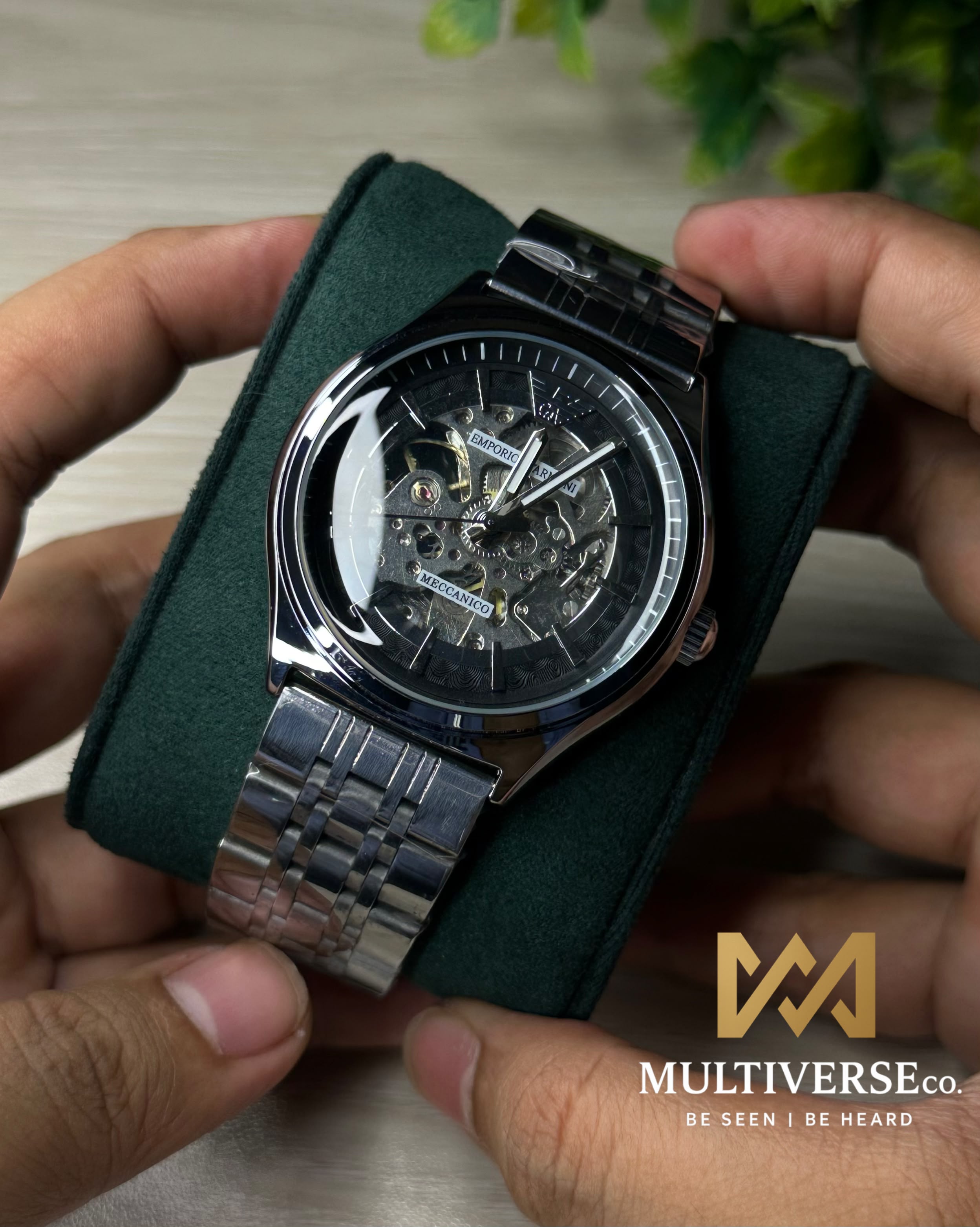 EMPORIO ARMANI SKELETON BLACK DIAL SILVER TONE WATCH_img_1