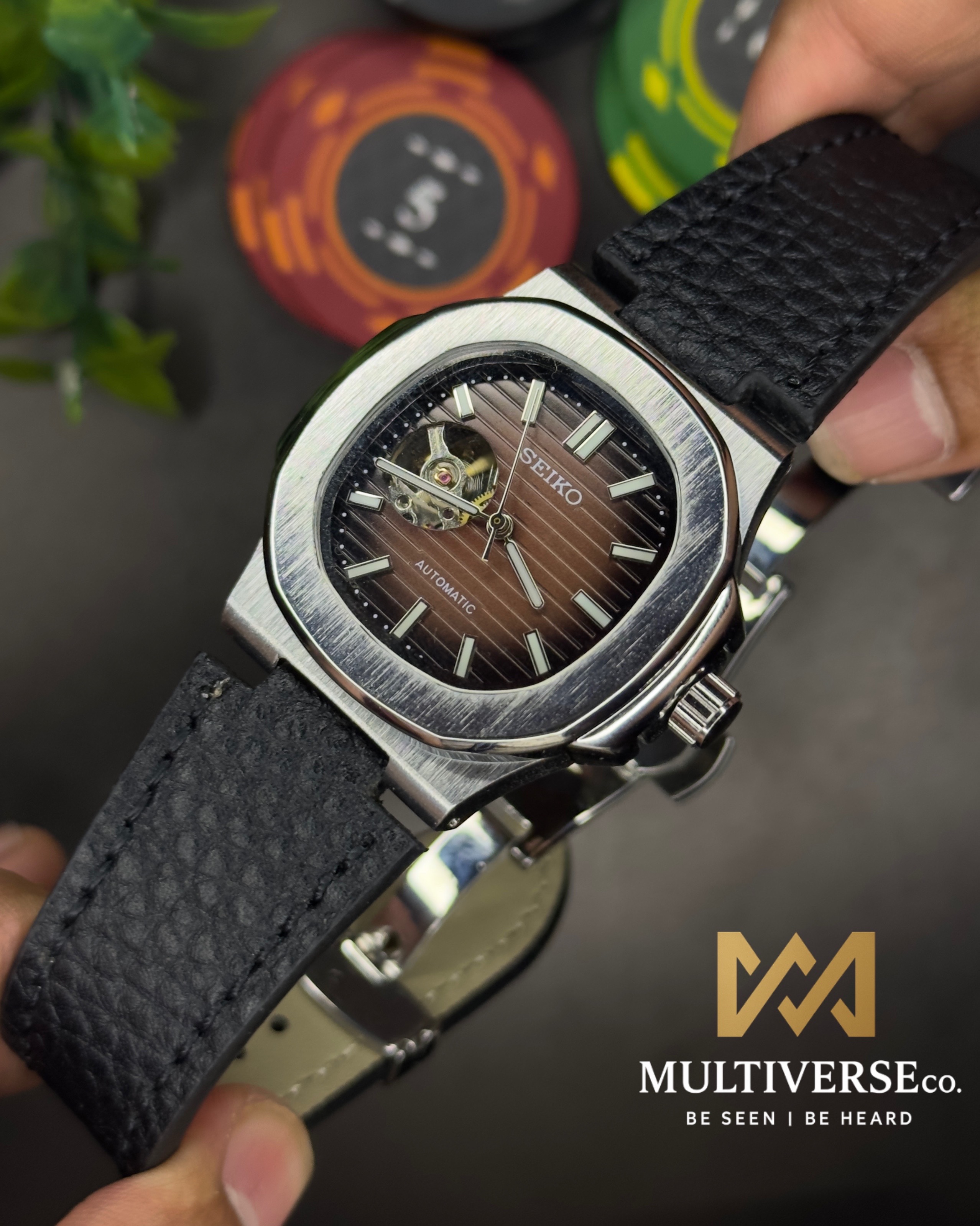 SEIKO MODDY | NAUTILUS DESIGN | BLACK BELT BROWN DIAL SILVER CASE | AUTOMATIC | (SEMI AAA)
