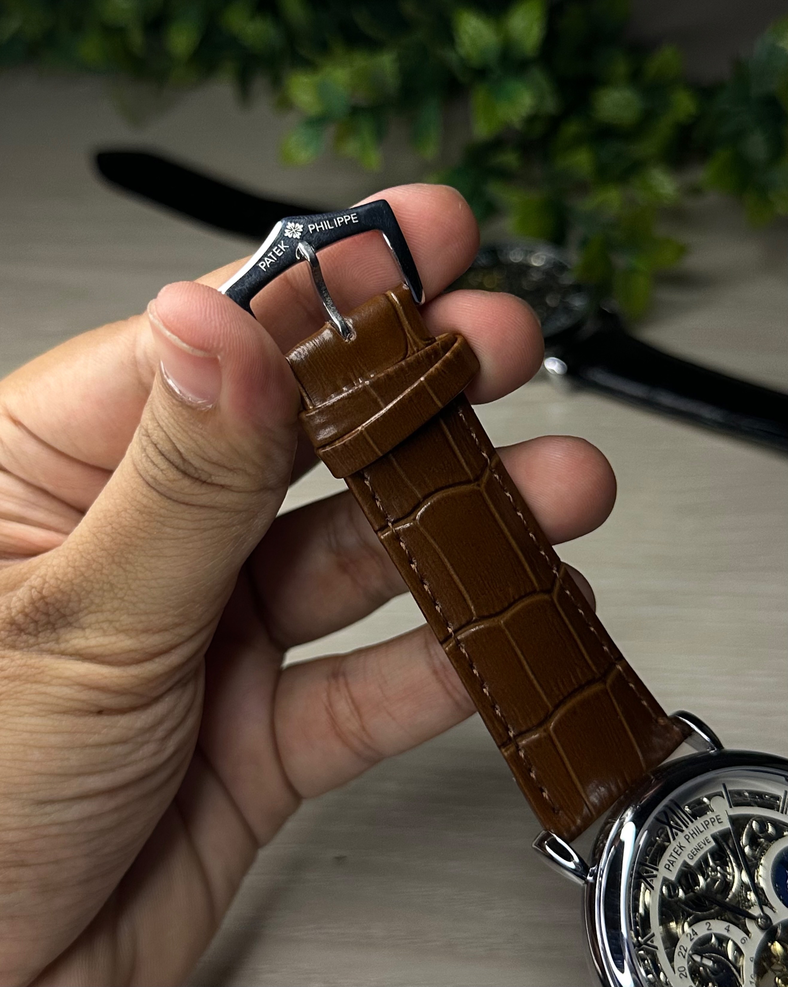 PATEK PHILIPPE SKELETON TOURBILLON BROWN LEATHER SILVER TONE WHITE DIAL WATCH_img_3