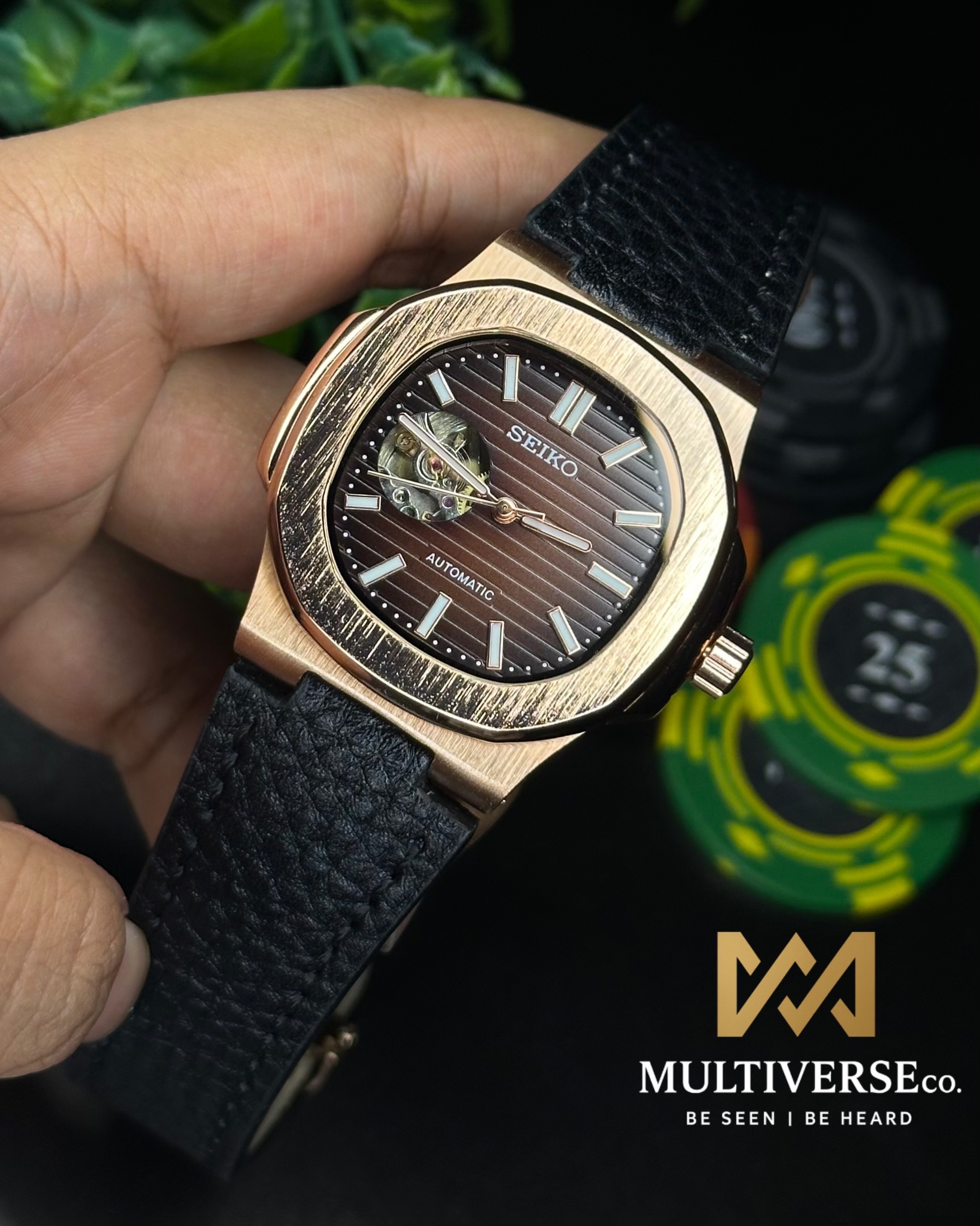 SEIKO MODDY | NAUTILUS DESIGN | BLACK BELT BROWN DIAL ROSE GOLD CASE | AUTOMATIC | (SEMI AAA)