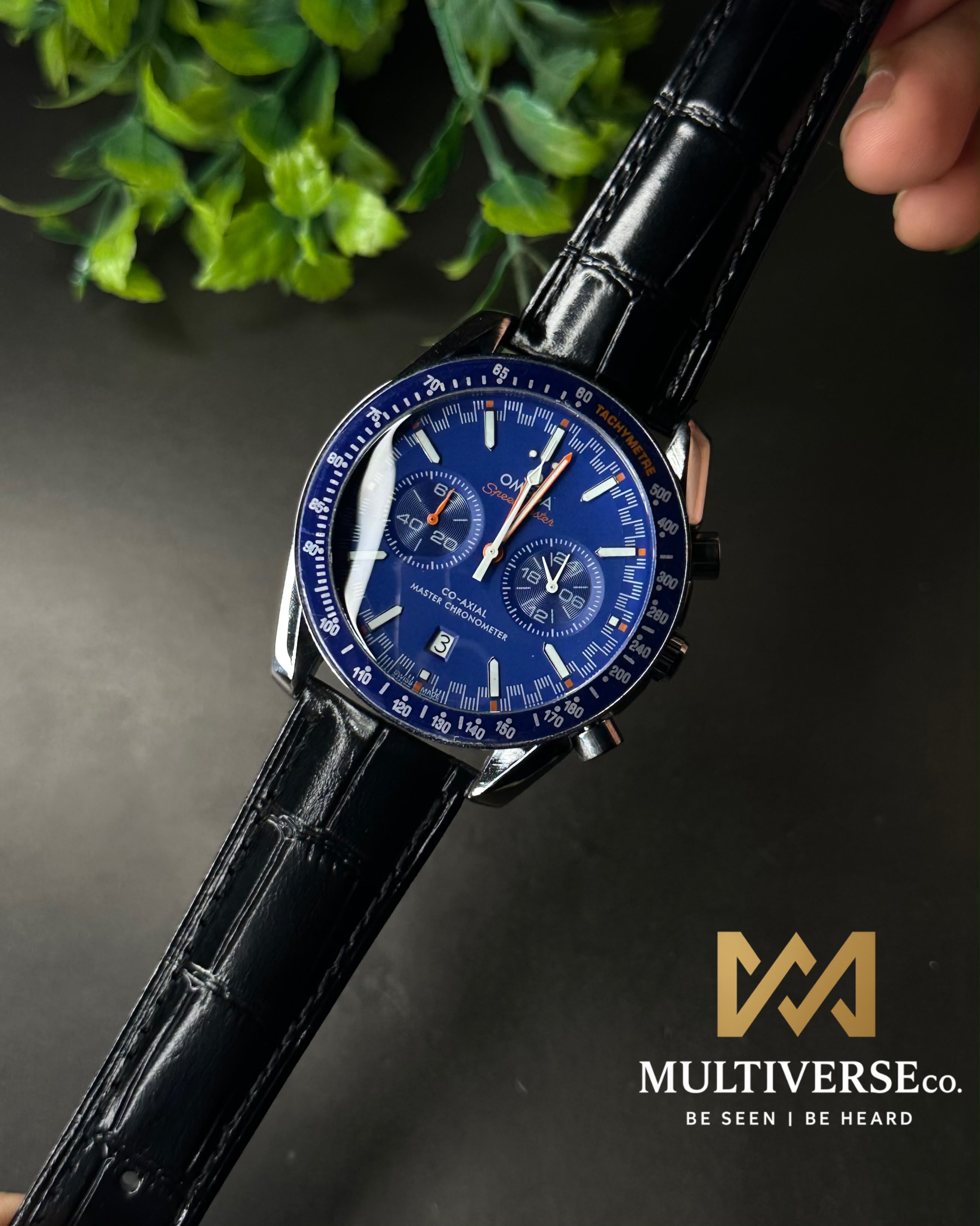 OMEGA SPEEDMASTER RACING CHRONO BLACK LEATHER BLUE DIAL WATCH_img_3