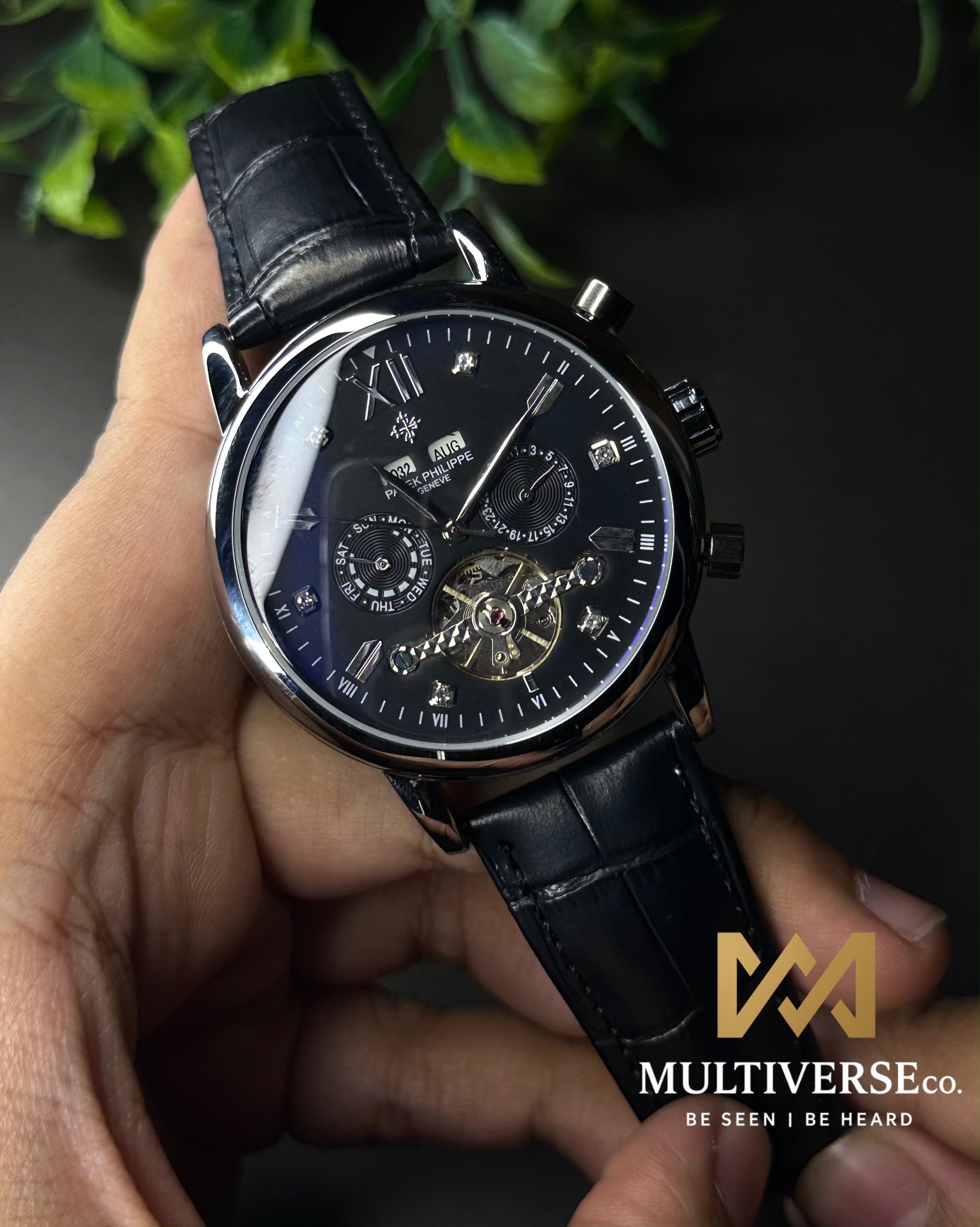 PATEK PHILIPPE GRAND CALENDAR OPEN-HEART PERPETUAL BLACK LEATHER WATCH_img_4