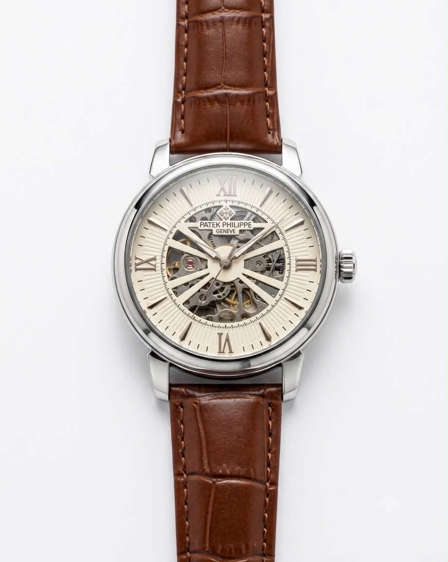 PATEK PHILIPPE SKELETON ROMAN BROWN LEATHER WHITE DIAL SILVER CASE WATCH (AA)