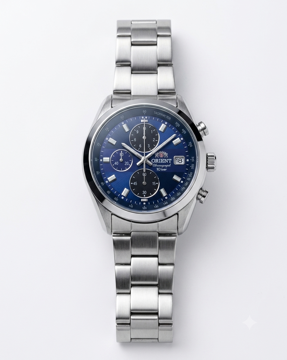 ORIENT NEO 70S PANDA CHRONOGRAPH BLUE DIAL SILVER TONE WATCH (AA)