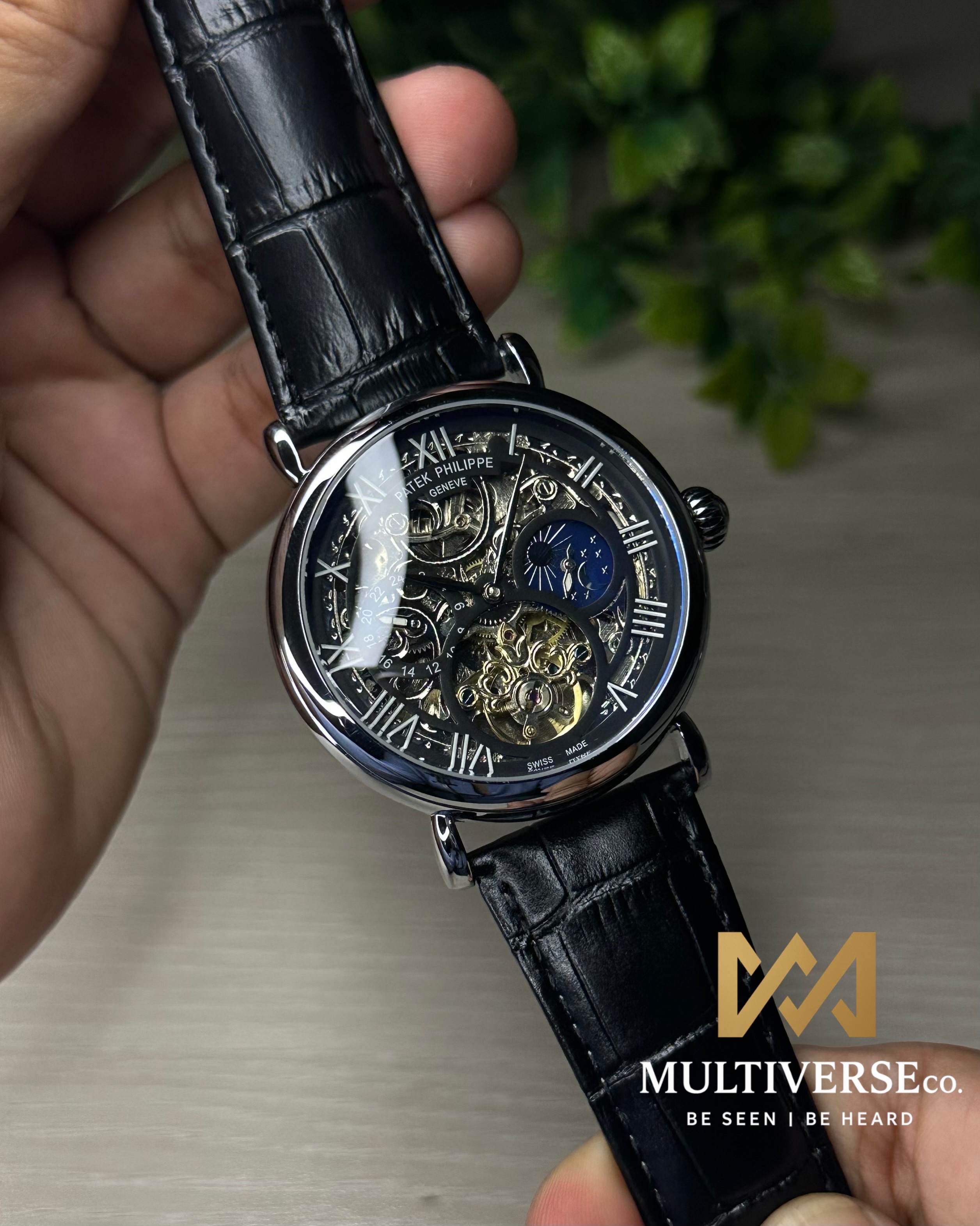 PATEK PHILIPPE SKELETON TOURBILLON BLACK LEATHER SILVER TONE BLACK DIAL WATCH_img_6