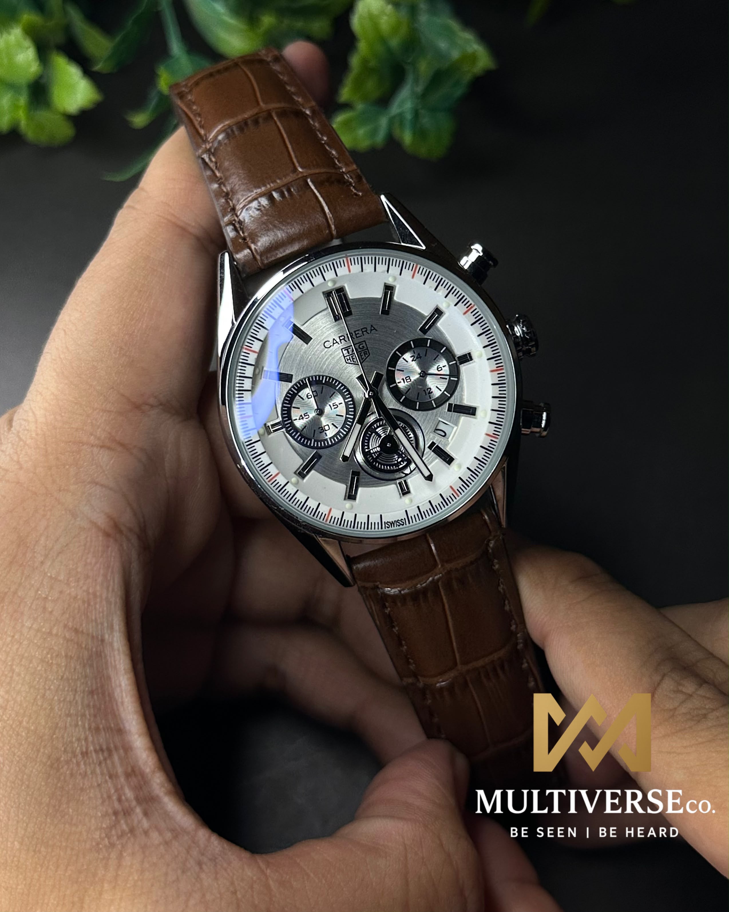 TAG HEUER CARRERA CHRONO BROWN LEATHER WHITE DIAL WATCH_img_0