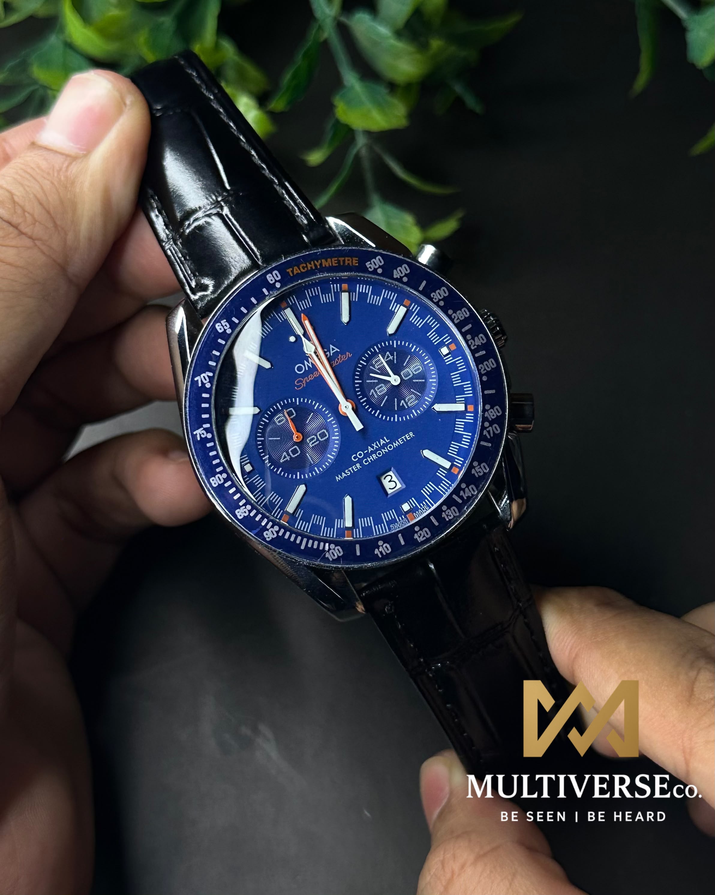 OMEGA SPEEDMASTER RACING CHRONO BLACK LEATHER BLUE DIAL WATCH_img_2