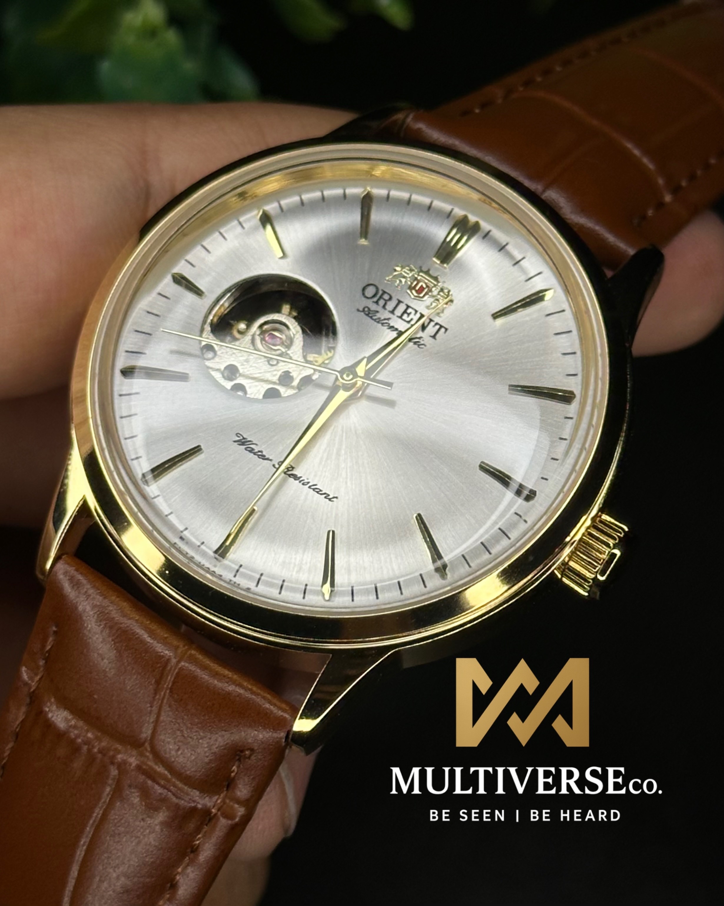 ORIENT BAMBINO OPEN HEART SILVER DIAL GOLDEN CASE AUTOMATIC BROWN LEATHER BELT (SEMI AAA)_img_1