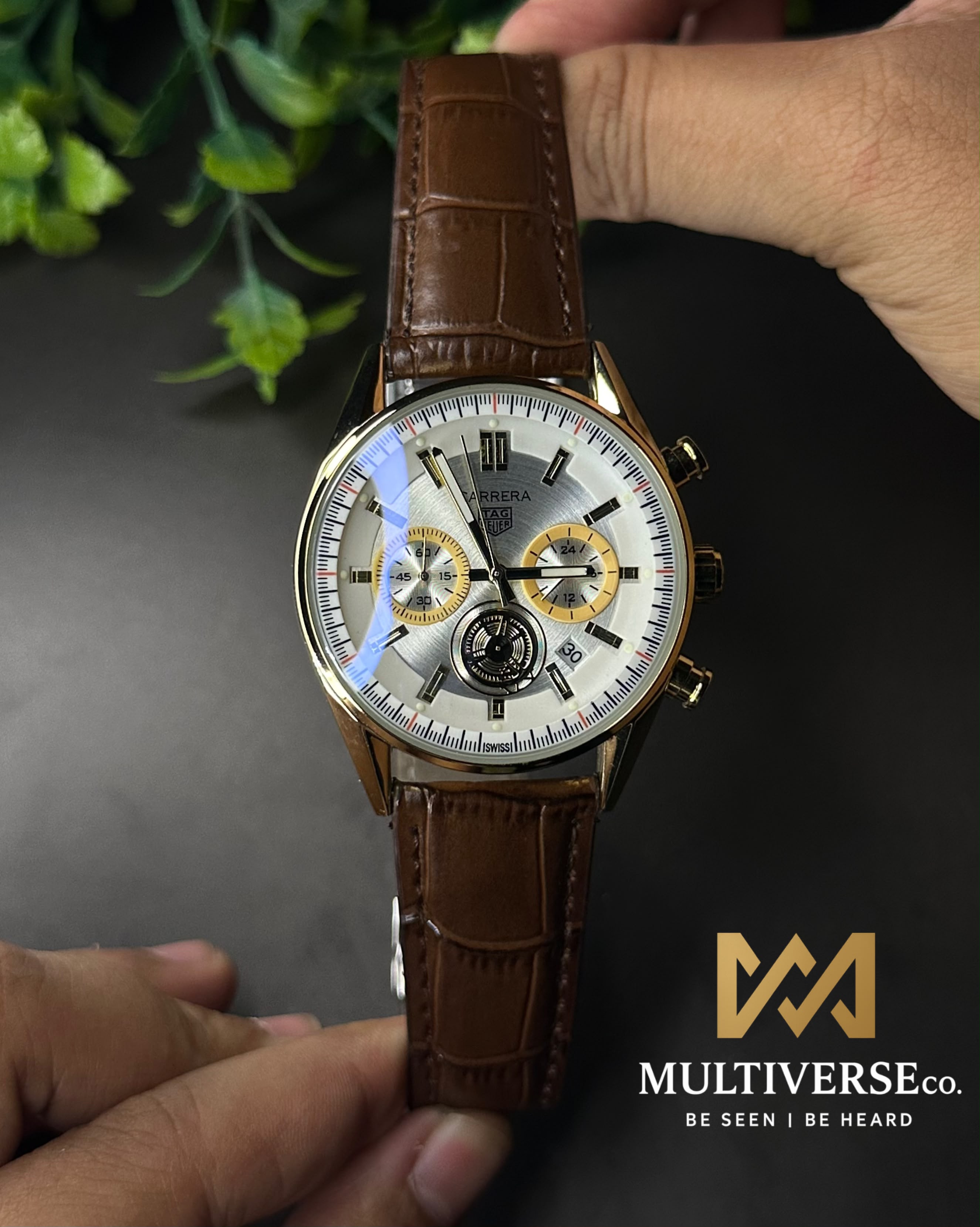 TAG HEUER CARRERA CHRONO BROWN LEATHER WHITE DIAL GOLD TONE WATCH_img_1