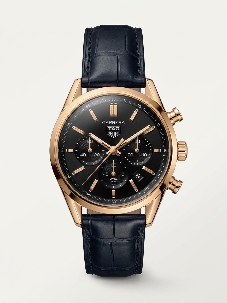 TAG HEUER CARRERA CHRONO TRI-COMPAX BLACK BELT ROSE GOLD CASE WATCH (AA)