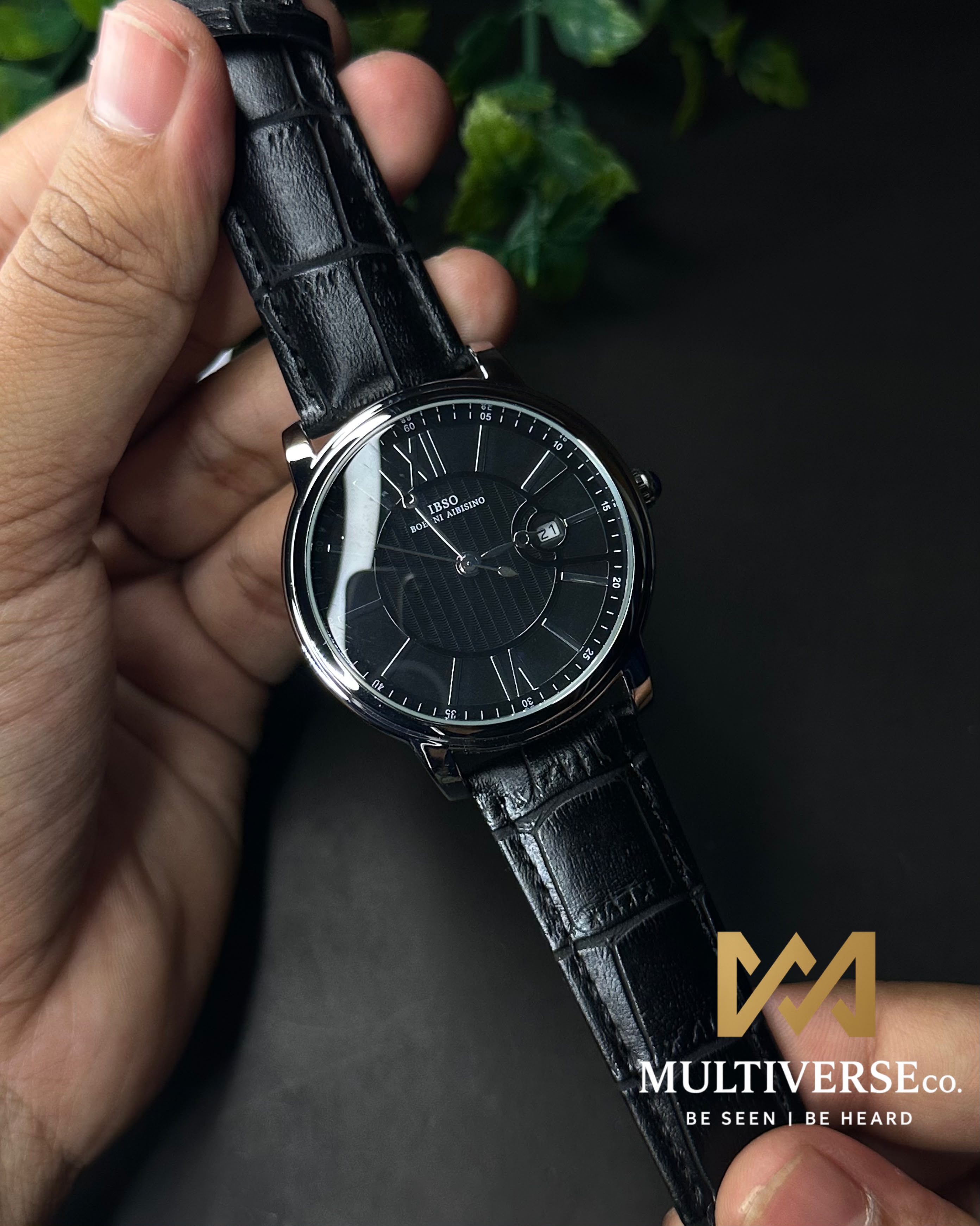 IBSO GUILLOCHÉ ROMAN BLACK LEATHER BLACK DIAL WATCH S3893G_img_2