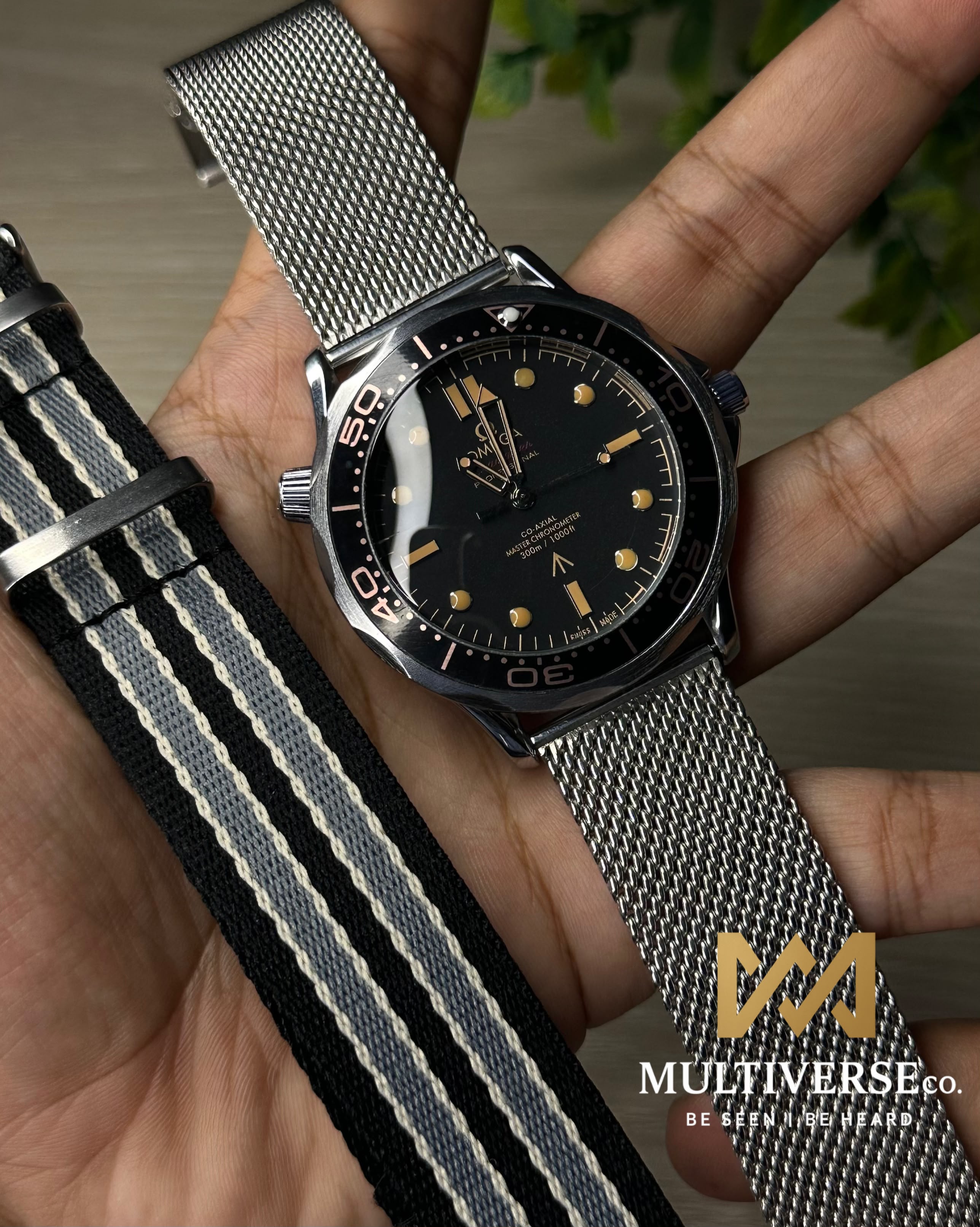 OMEGA 007 JAMES BOND EDITION MESH STRAP BLACK DIAL WATCH FREE NATO STRAP_img_0