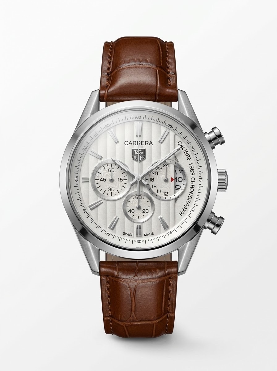 TAG HEUER CARRERA CALIBRE 1969 WHITE DIAL BRWON STRAP SILVER TONE WATCH (AA)
