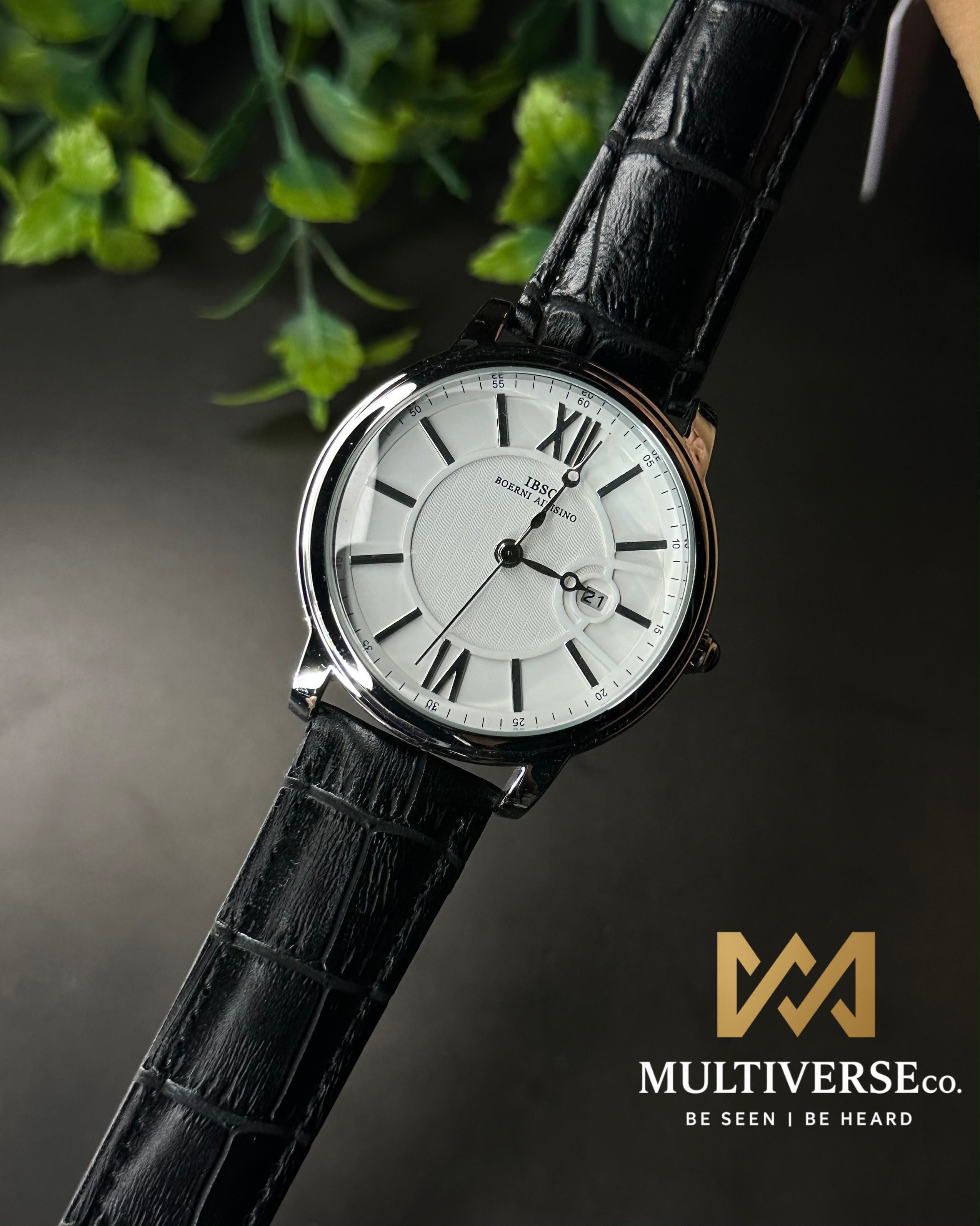 IBSO GUILLOCHÉ ROMAN BLACK LEATHER WHITE DIAL WATCH S3893G_img_0