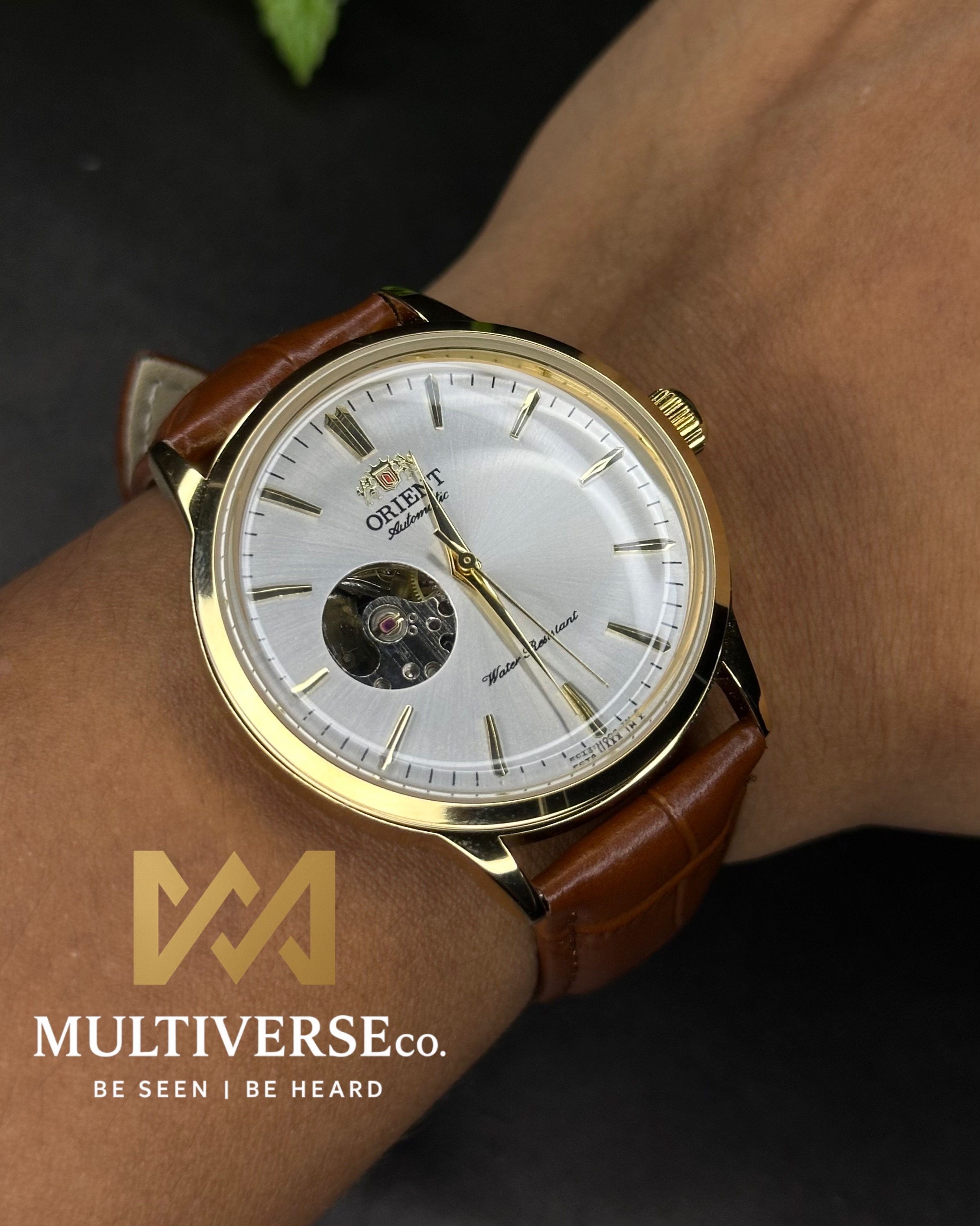 ORIENT BAMBINO OPEN HEART SILVER DIAL GOLDEN CASE AUTOMATIC BROWN LEATHER BELT (SEMI AAA)_img_3