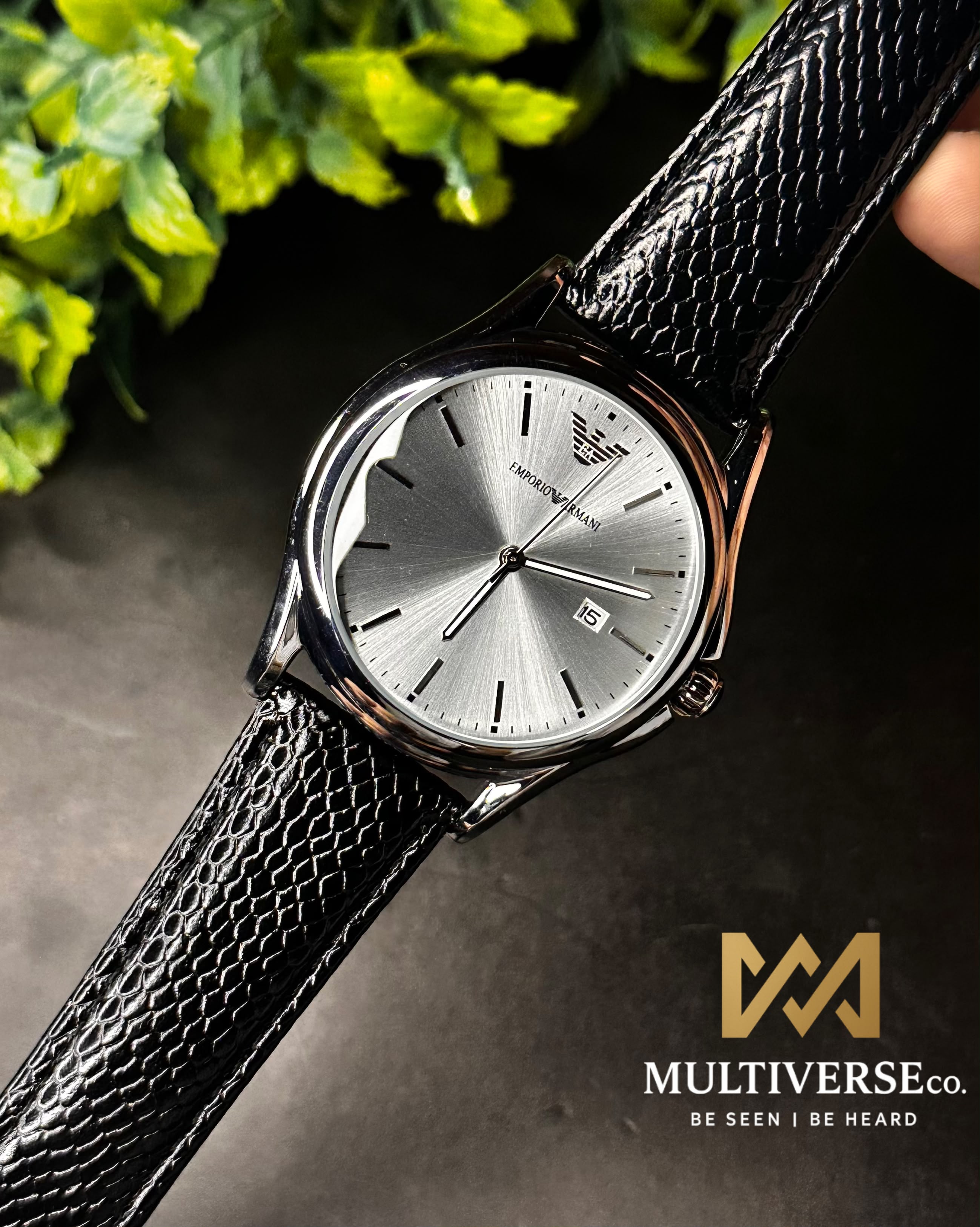 EMPORIO ARMANI CLASSIC SUNBURST WHITE DIAL WITH BLACK TEXTURED STRAP
