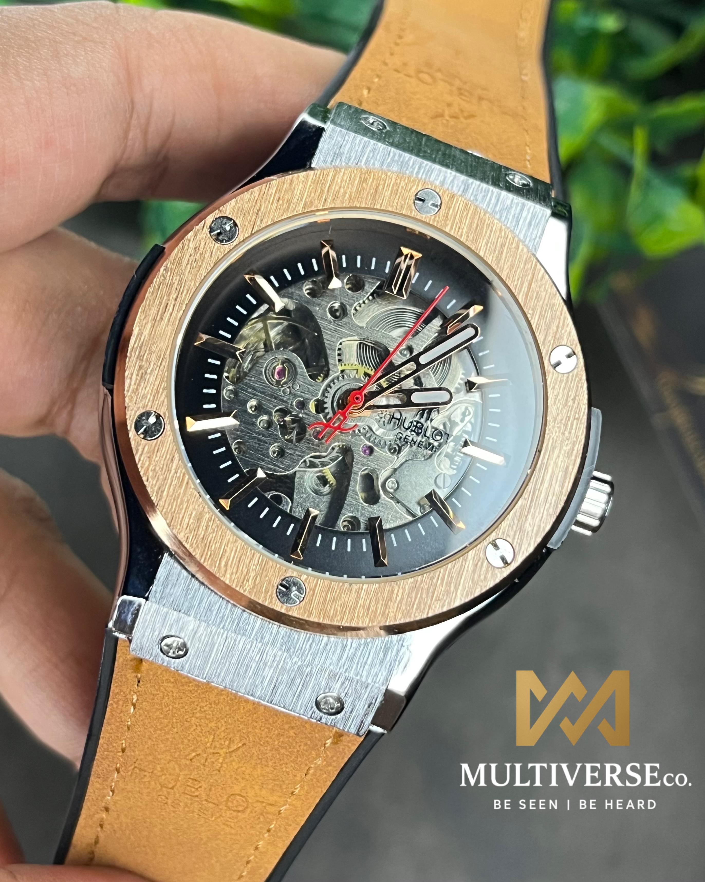 HUBLOT CLASSIC FUSION MUSTARD BELT ROSE GOLD BEZEL AUTOMATIC SKELETON SERIES (AA)_img_1