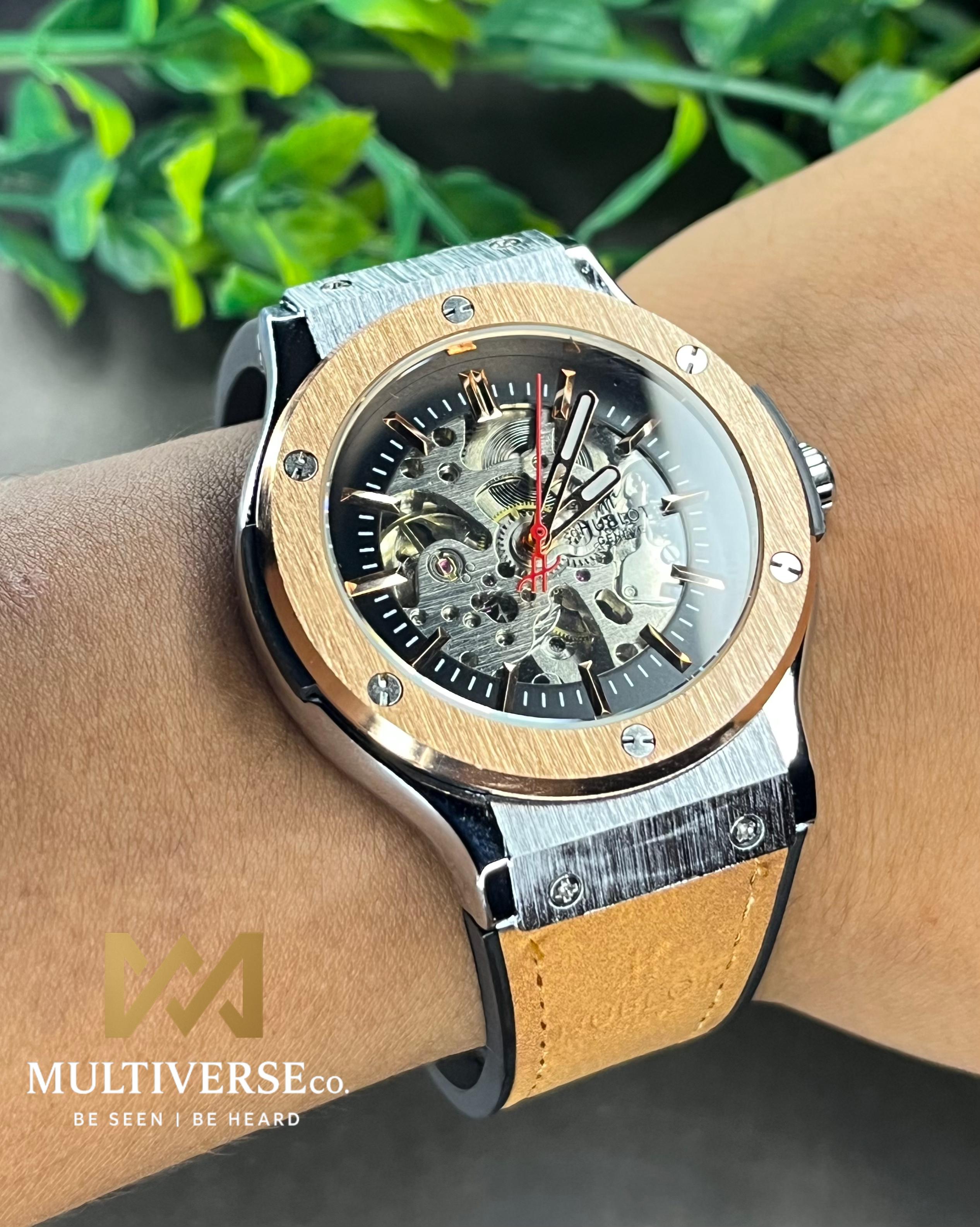 HUBLOT CLASSIC FUSION MUSTARD BELT ROSE GOLD BEZEL AUTOMATIC SKELETON SERIES (AA)_img_2
