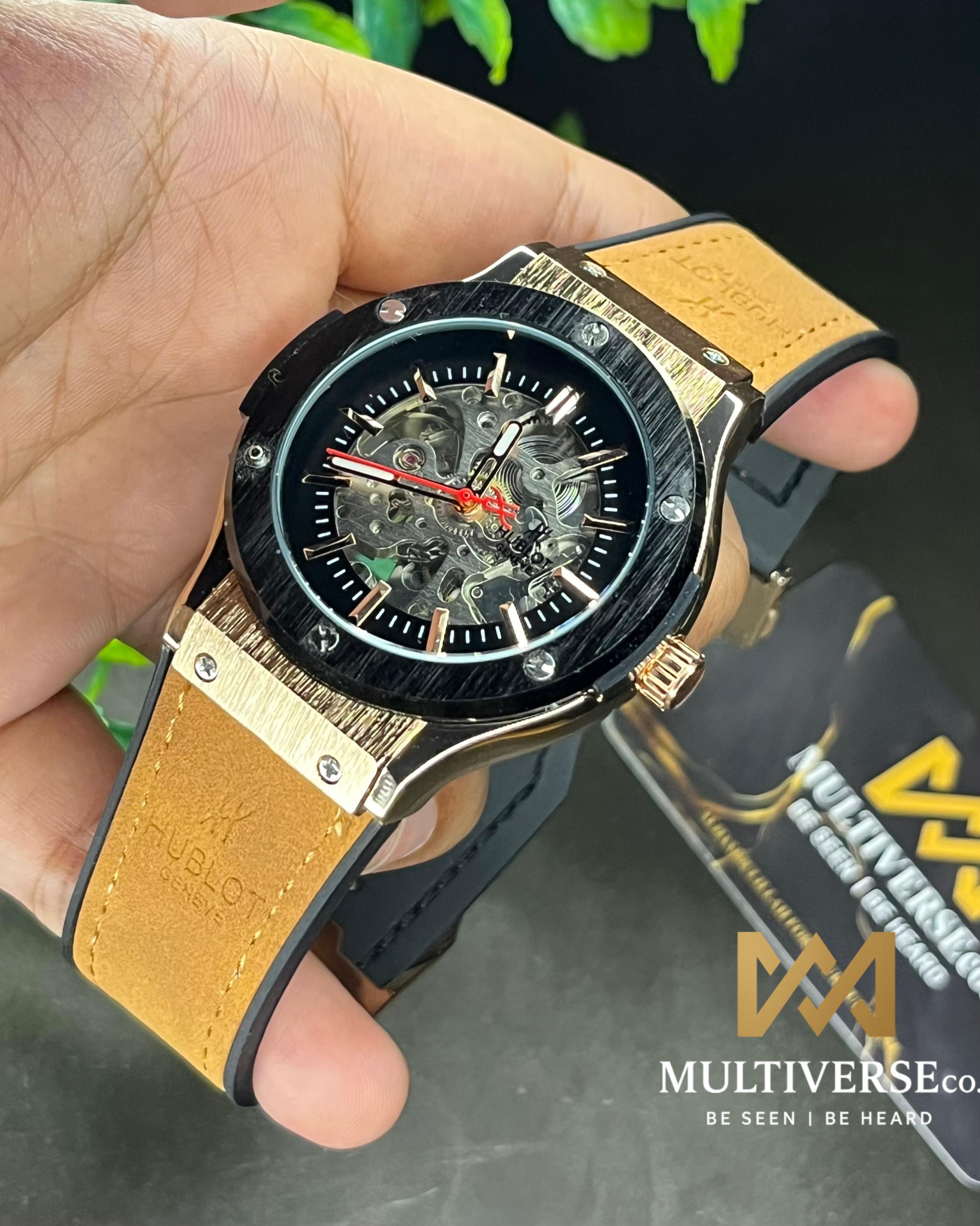 HUBLOT CLASSIC FUSION MUSTARD BELT BLACK BEZEL AUTOMATIC SKELETON SERIES (AA)_img_0