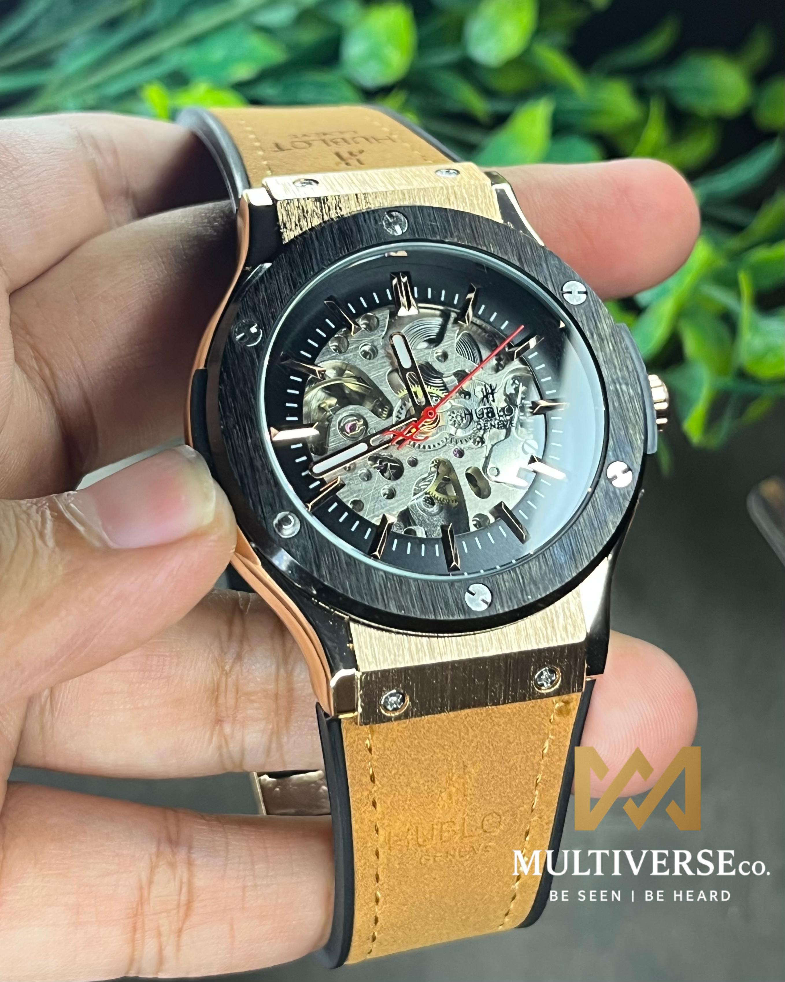 HUBLOT CLASSIC FUSION MUSTARD BELT BLACK BEZEL AUTOMATIC SKELETON SERIES (AA)_img_1