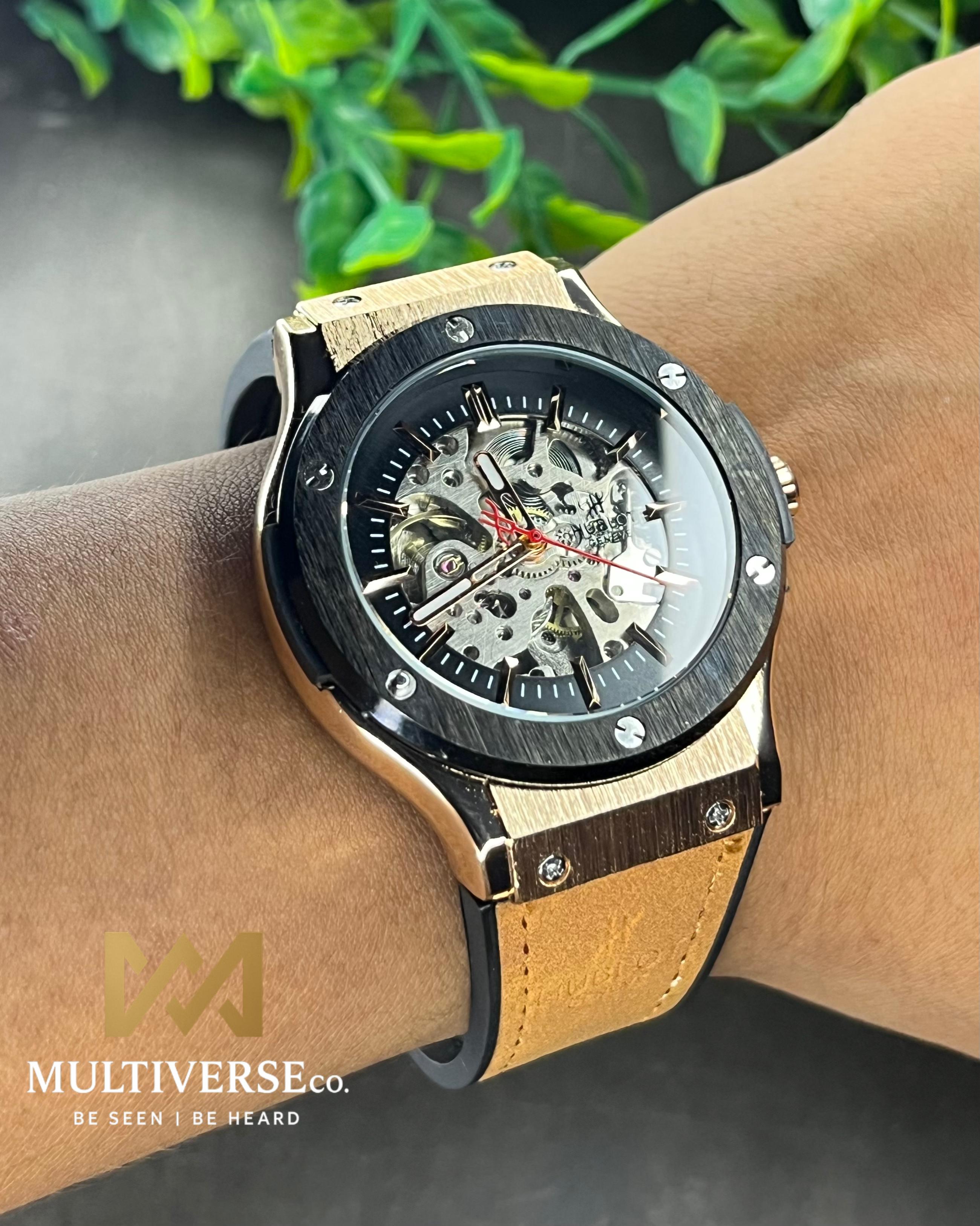 HUBLOT CLASSIC FUSION MUSTARD BELT BLACK BEZEL AUTOMATIC SKELETON SERIES (AA)_img_2