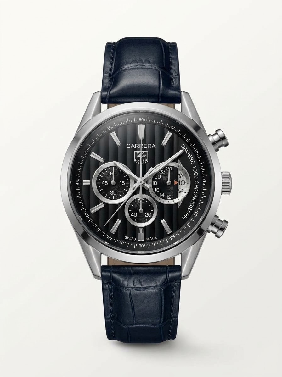 TAG HEUER CARRERA CALIBRE 1969 BLACK DIAL BLACK STRAP SILVER TONE WATCH (AA)