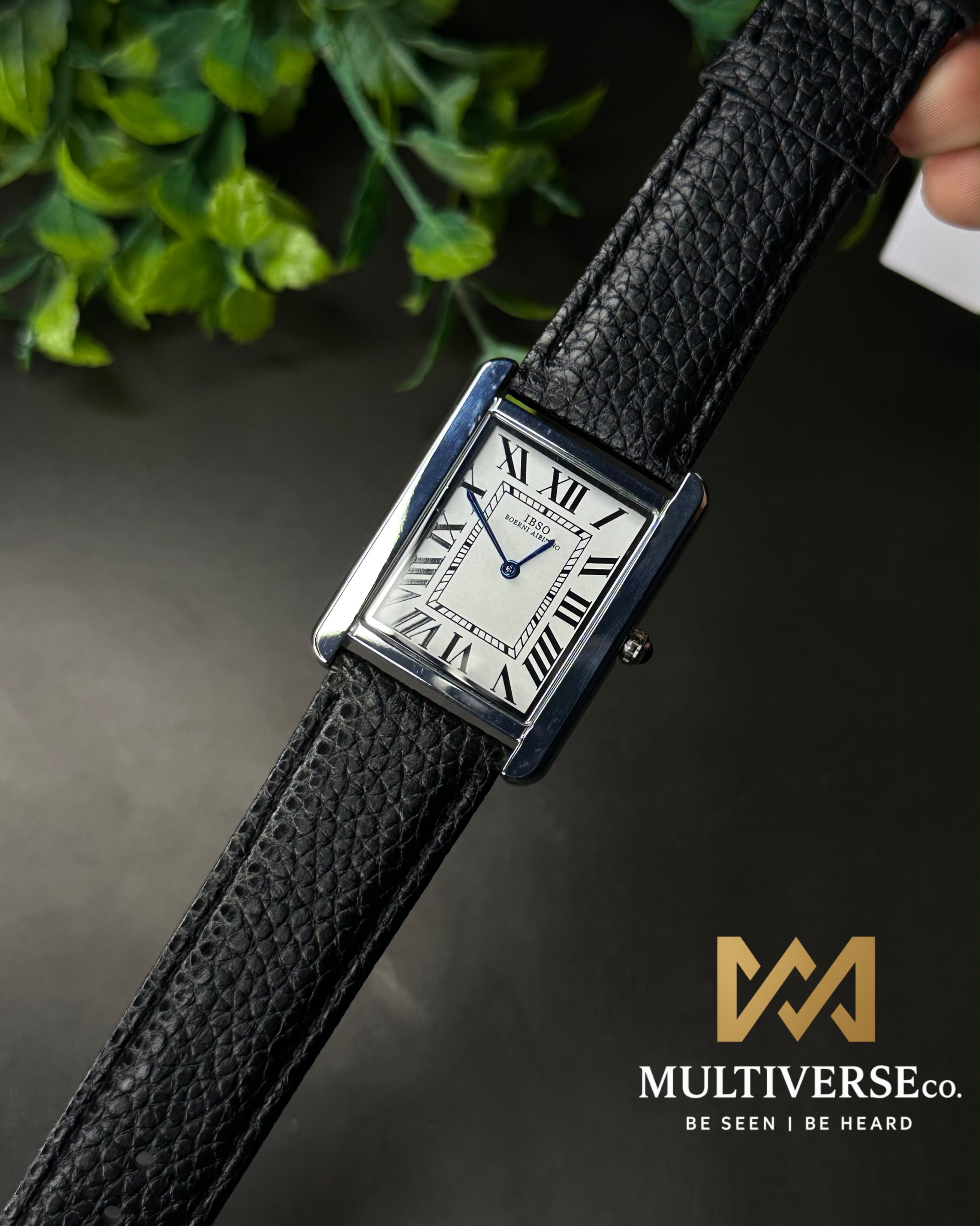 IBSO TANK ROMAN NUMERAL BLACK LEATHER WHITE DIAL WATCH_img_0