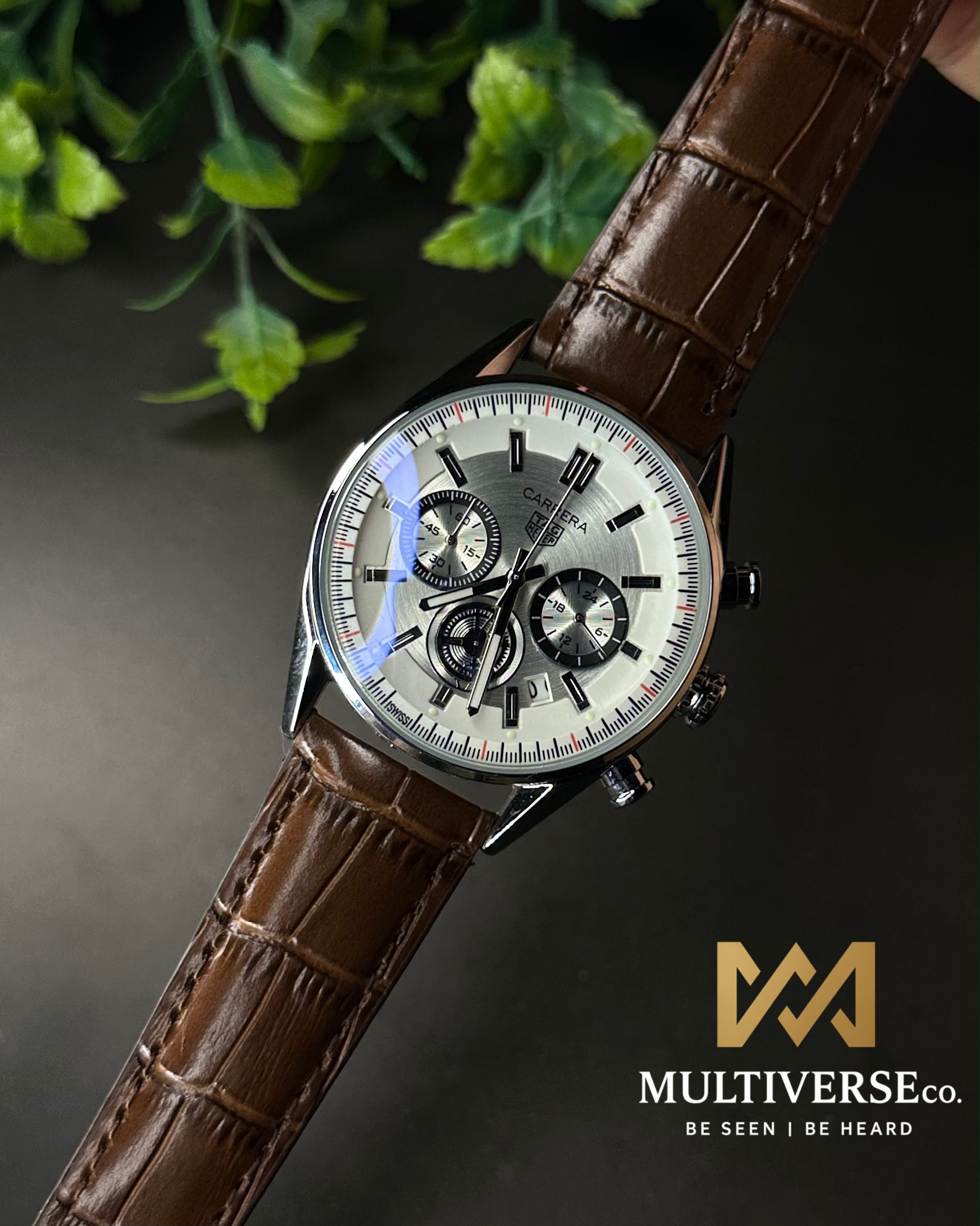 TAG HEUER CARRERA CHRONO BROWN LEATHER WHITE DIAL WATCH_img_2