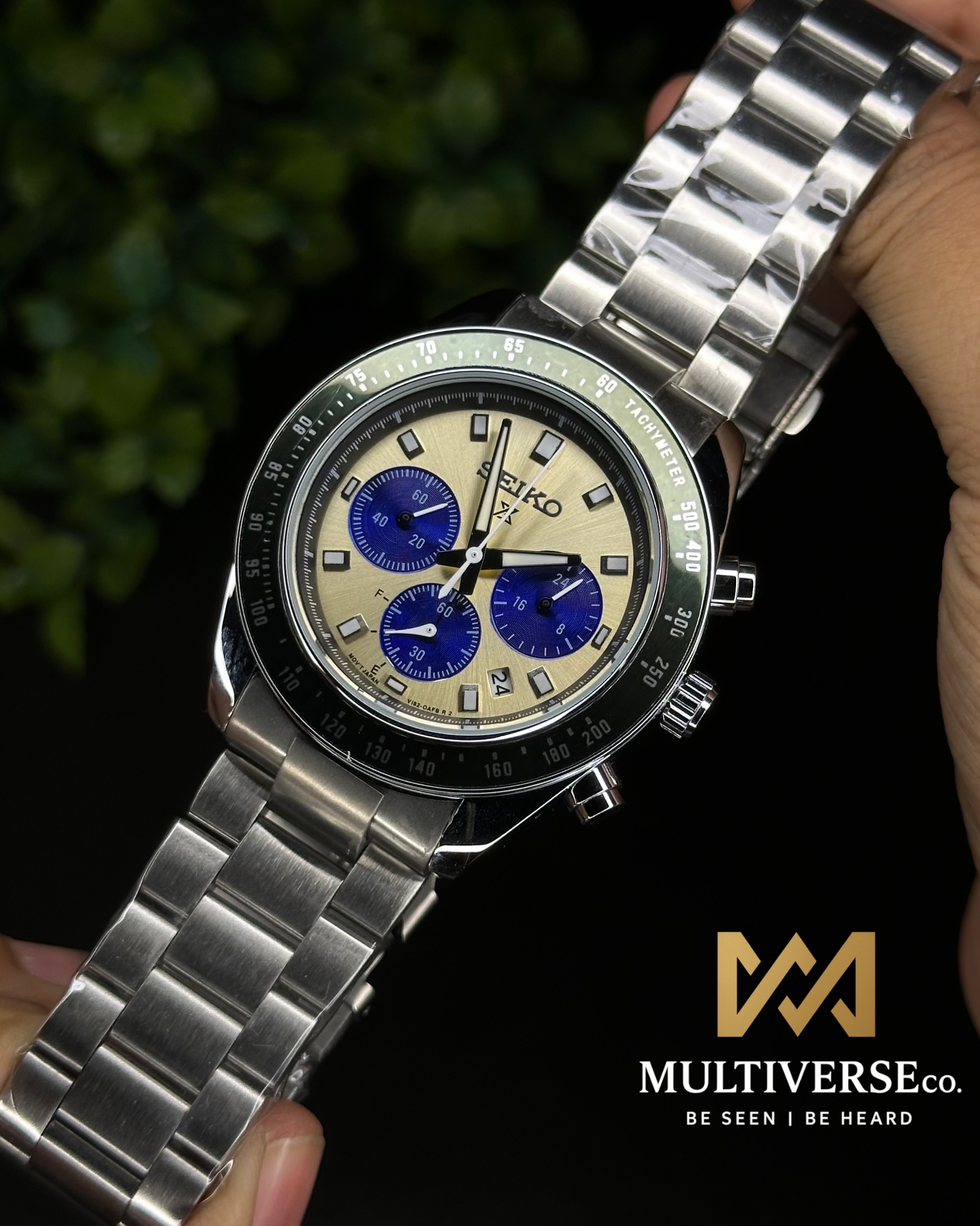 SEIKO PROSPEX SPEEDTIMER CHRONOGRAPH CREAM DIAL GREEN BEZEL (AA)_img_1