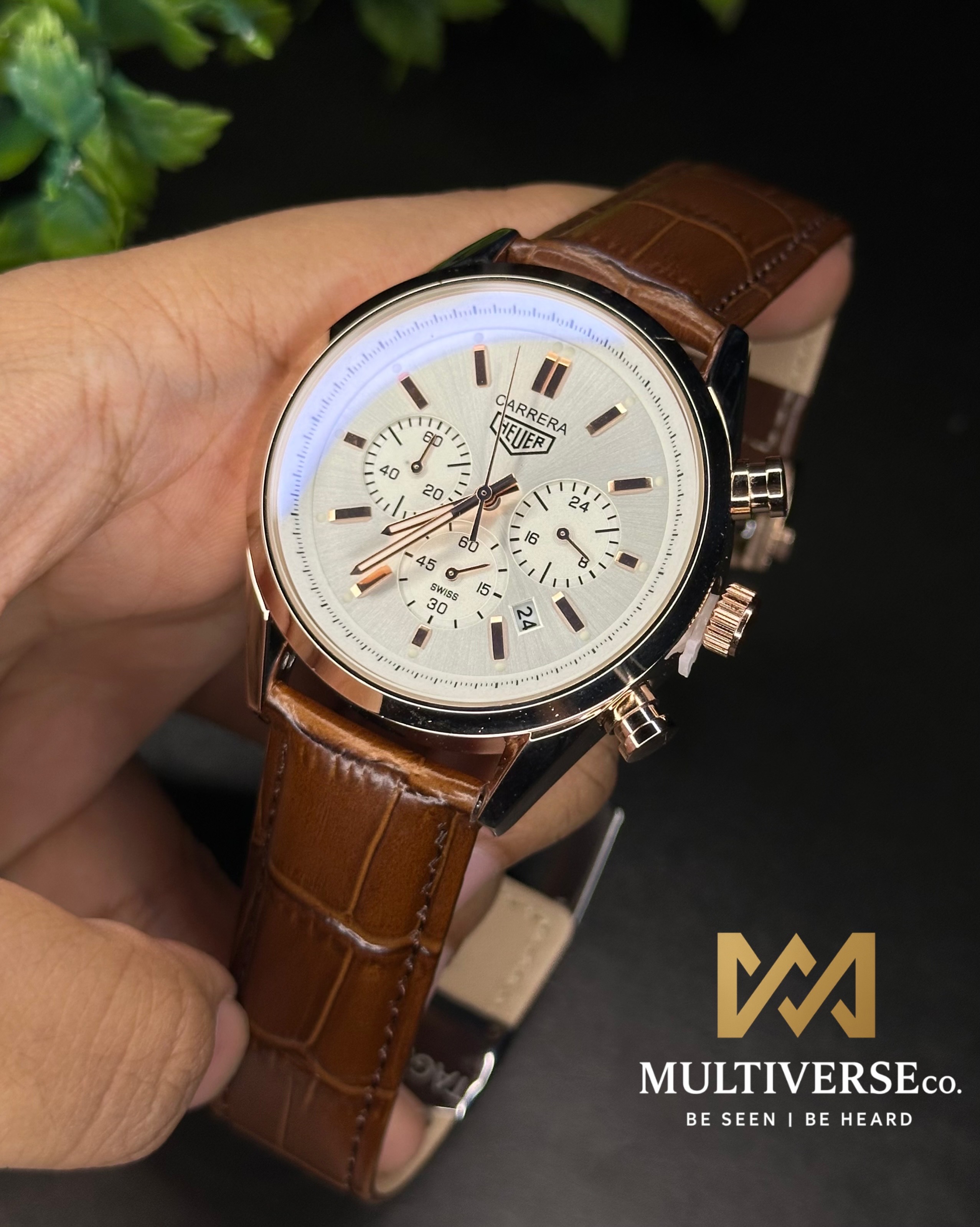 TAG HEUER CARRERA CHRONOGRAPH ROSE GOLD CASE BROWN BELT WHITE DIAL (AA)_img_0