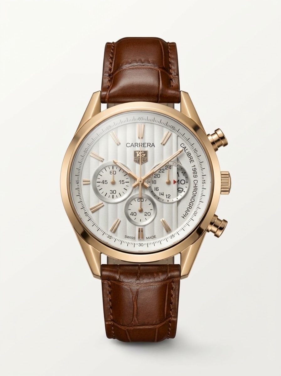 TAG HEUER CARRERA CALIBRE 1969 WHITE DIAL BROWN STRAP ROSE GOLD TONE WATCH (AA)
