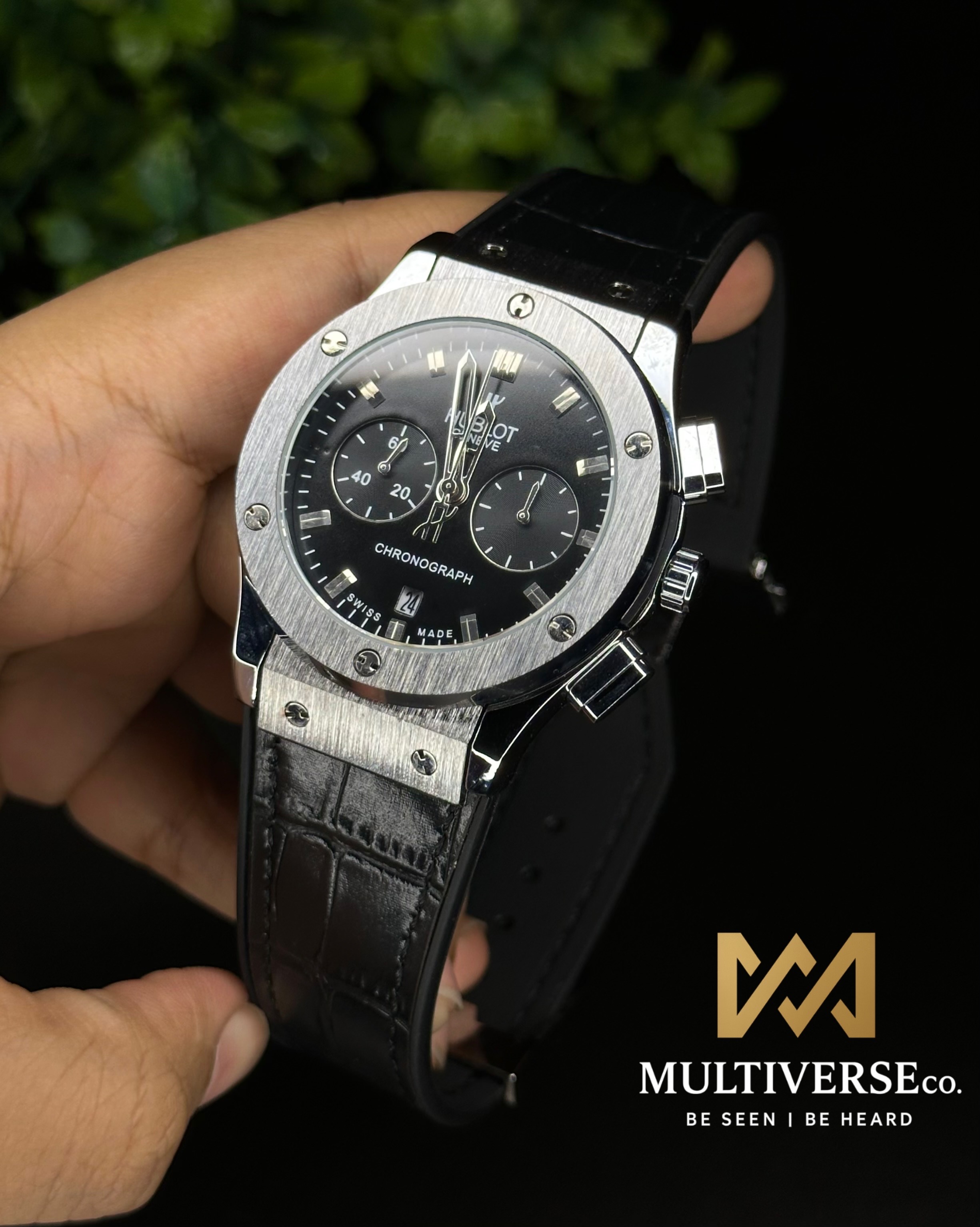 HUBLOT CLASSIC FUSION CHRONOGRAPH BLACK DIAL SILVER CASE BLACK BELT (AA)_img_0